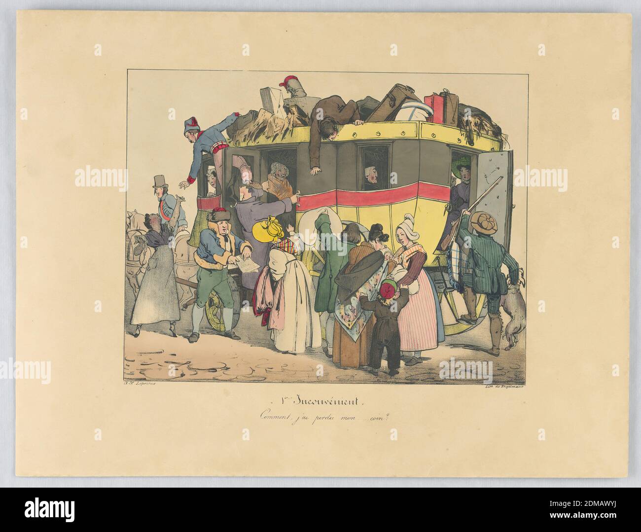 Kommentar, j'ai perdue mon ... Münze? Tafel 1 von 'Inconvénient', Auguste-Xavier Leprince, französisch, 1799 - 1826, Gottfried Engelmann, 1788 – 1839, Lithograph, Pinsel und Aquarell auf Papier, Menschenmenge, die in einem großen grauen, roten und gelben Wagen sitzt und steht. Pferde, links; Hund, rechts. Titel und Künstlernamen unten., Paris, Frankreich, ca. 1825, Drucken Stockfoto