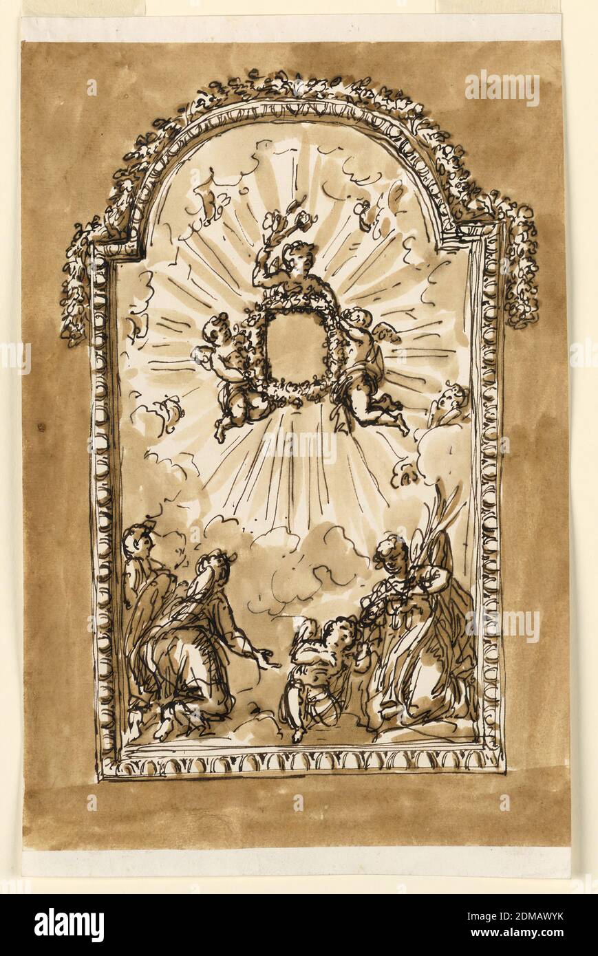 Rahmen für kleines Andachtsbild, Giuseppe Barberi, italienisch, 1746–1809, Feder und braune Tusche, Pinsel und brauner Wasch auf liniertem, weiß gekleidetem Papier, GERAHMTE Darstellung, der obere Rand ist meist kreisförmig. Drei Engel unterstützen einen ovalen Kranz als Rahmen für ein kleines Bild. Es ist umgeben von einer Herrlichkeit von Strahlen und Cherubim. Unten sind vier Engel auf Wolken und die meisten von ihnen verehren. Auf dem oberen Teil des Rahmens befindet sich eine Girlande. Gewöhnlicher Hintergrund., Rom, Italien, 1773-1774, Architektur, Zeichnung Stockfoto