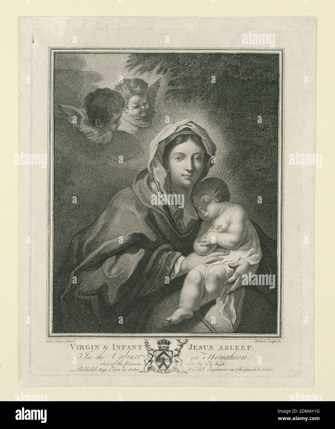 Die Madonna mit dem schlafenden Kind, Jean-Baptiste Michel, französisch, 1748 - 1804, Sebastiano Conca, italienisch, 1680 - 1764, John Boydell, britisch, 1719 – 1804, Gravur auf Papier, halbe Madonna, frontal zugewandt, das schlafende Kind auf dem Schoß haltend. Oben, zwei Seraph-Köpfe., London, England, 1781, Print Stockfoto