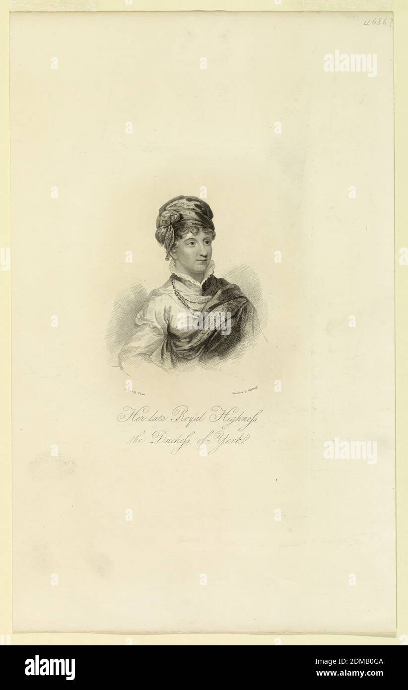 Porträt von Prinzessin Frederica, Herzogin von York, Thomas Woolnooth Sr., Britisch, 1785 - 1871, Thomas Uwins, 1782 - 1857, Stippelstich auf Papier, Büstenlängenporträt von Prinzessin Frederica, Herzogin von York (1767-1820), Tochter von Friedrich Wilhelm II., von Preußen. Sie wird sitzend gezeigt, ein Viertel nach rechts zeigend. Sie trägt ein weißes Kleid mit Umhang über der linken Schulter und einem Turban. Unten, Inschrift, Künstler, Graveur und Verleger Namen., England, ca. 1830, Drucken Stockfoto