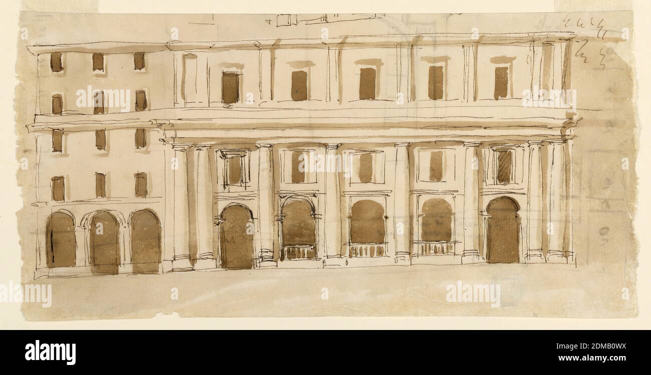Erhebung eines Stadthauses, Giuseppe Barberi, italienisch, 1746–1809, Feder und braune Tusche, Pinsel und braune Wäsche auf cremefarbenem Papier, abgebildet ist die linke Seite. Der zentrale Teil wird projiziert. Es zeigt drei Geschichten. Die beiden unteren sind von Säulen eines dorischen Ordens und einer Entablatur umrahmt. An den Ecken sind Paare von Spalten. Die drei zentralen Buchten des Erdgeschosses sind von den Bögen einer Kolonnade mit einer darunter liegenden Baulstrade begrenzt. Die seitlichen Schächte haben Türöffnungen. Fenster in länglichen Paneelen befinden sich im zweiten Stock. Im dritten Stock sind Fenster in Wandpaneelen Stockfoto