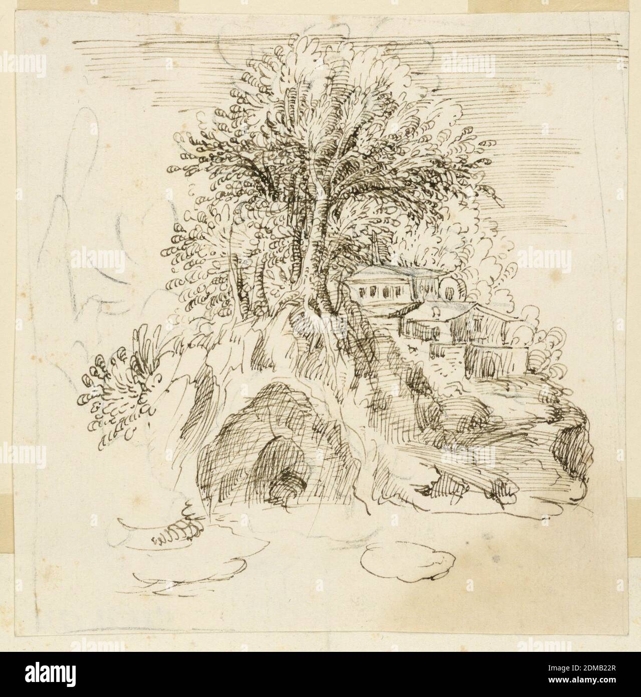 Landschaft, Kohle, Feder und Tinte auf Papier, EIN großer Baum wächst auf einem felsigen Ausbiss. Häuser sichtbar am Hang dahinter., Italien, 1600–1625, Landschaften, Zeichnung Stockfoto