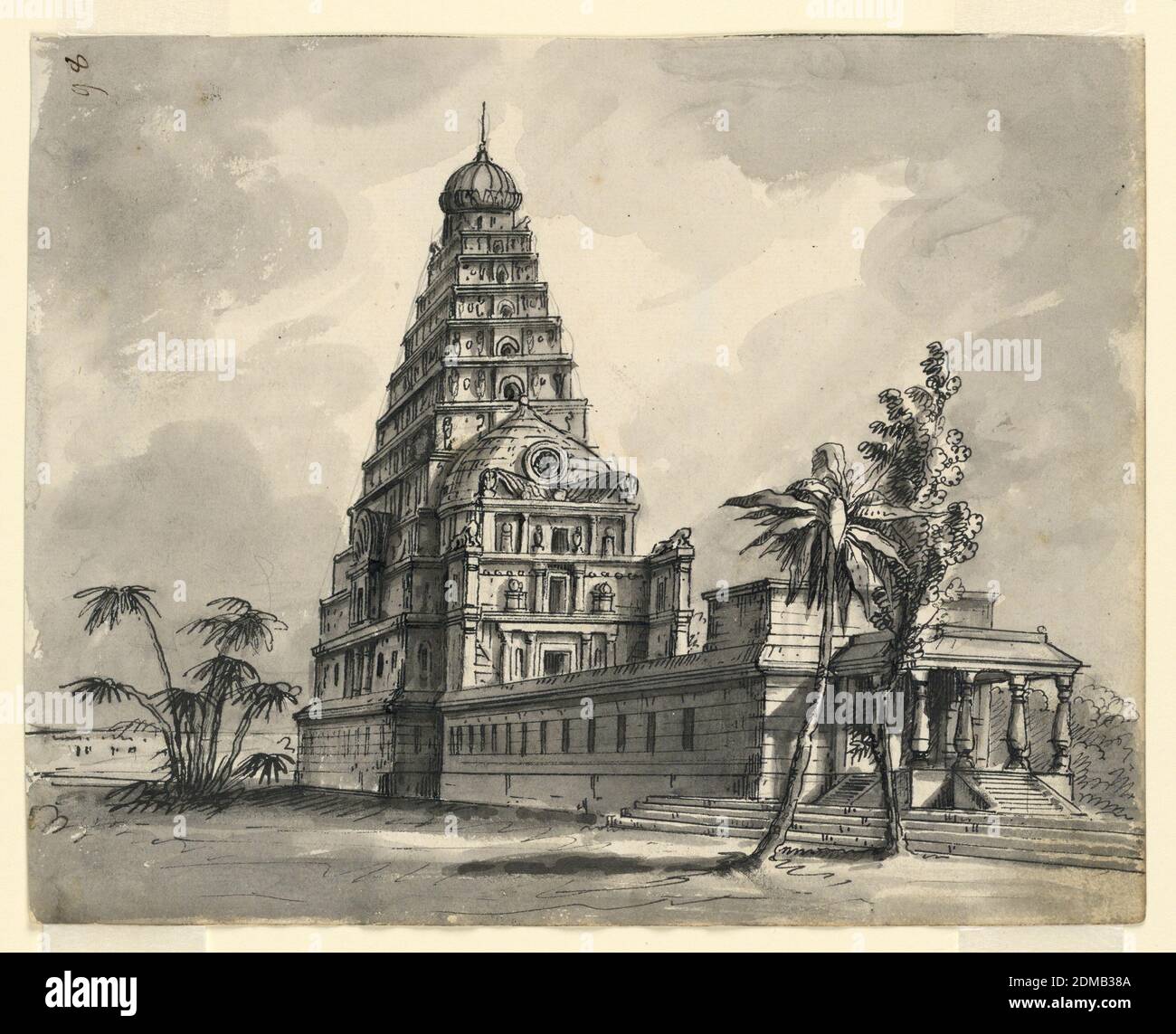 Bühnenbild, Blick auf den indischen Tempel, Romolo Achille Liverani, Italienisch, 1809 - 1872, Alessandro Sanquirico, Italienisch, 1777 - 1849, Stift und Sepia-Tinte, Pinsel und Wasch, Graphit auf Papier, Horizontales Rechteck. Indischer Tempel in Landschaft mit Palmen., Italien, Anfang des 19. Jahrhunderts, Theater, Zeichnung Stockfoto