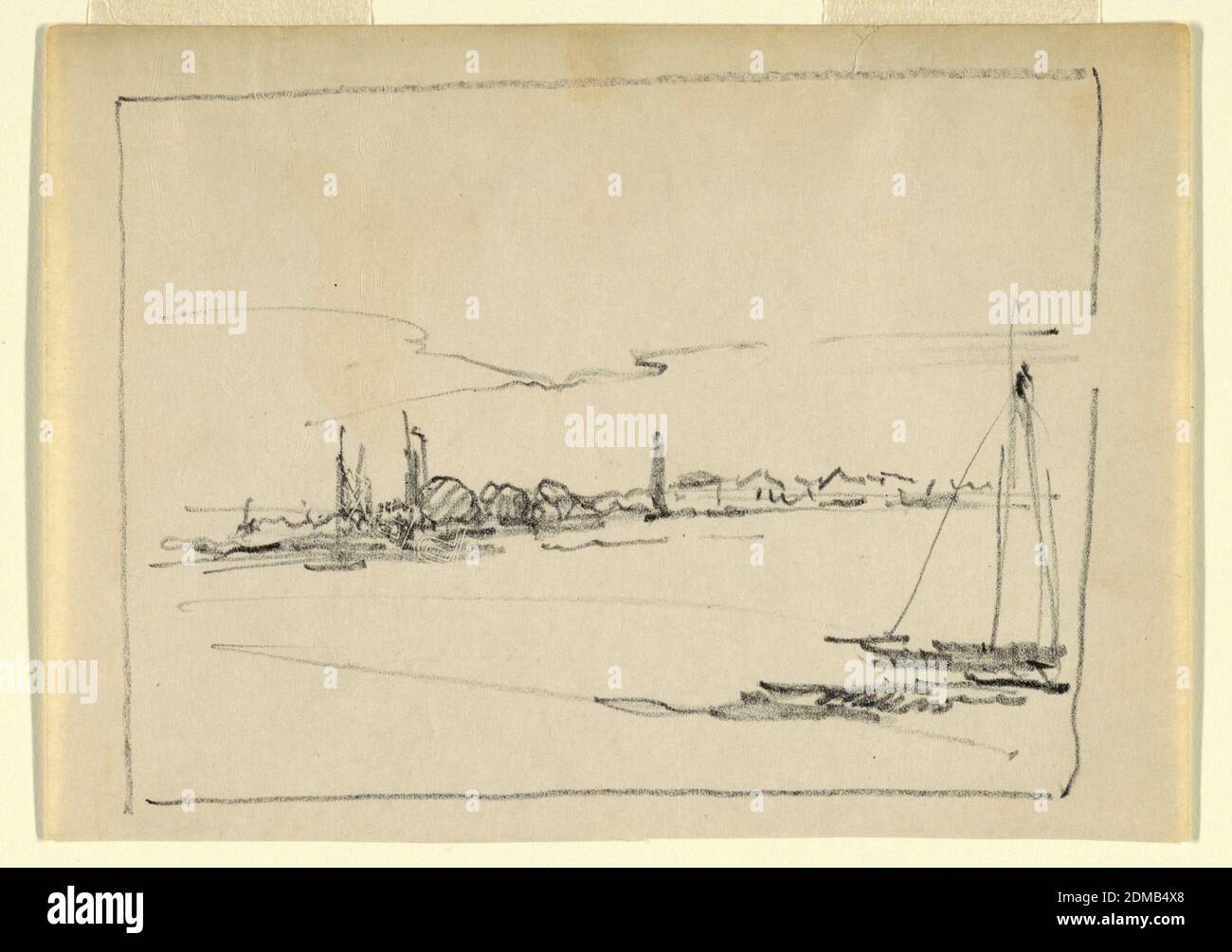 Landschaft mit Segelboot, Leon Dabo, Amerikaner, 1868–1960, Holzkohle auf weißem Papier, Gewässer. Unten rechts, Segelboot; Mitte, Bäume und hohe Strukturen am Ufer., USA, 1900–05, Seeslandschaften, Zeichnung Stockfoto