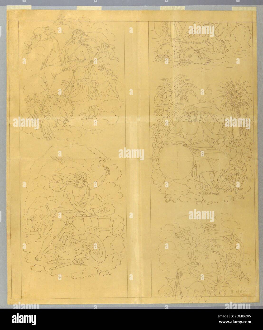 Studie für einen Cartoon für bedruckte Baumwolle: Les Quatre Elements, Hartmann et Fils, (Münster, Frankreich), Stift und schwarze Tinte, Pinsel und Grauwäsche auf cremefarbenem Papier, erste Vorskizze (im Vollmaßstab) für ein Textil, für eine Karikatur, die die vier Elemente darstellt. Das Design besteht aus vier Vignetten; vertikal paarweise getrennt. Die Vignetten zeigen: Oben links, Juno sitzt in einem von Pfauen über die Wolken gezogenen Wagen und begleitet von amoretti (Personifizierende Luft); unten links, Vulvan schmiedet Rüstung (Personifizierendes Feuer); Mitte rechts: Saturn sitzt in einer Landschaft, die ein Füllhorn hält Stockfoto