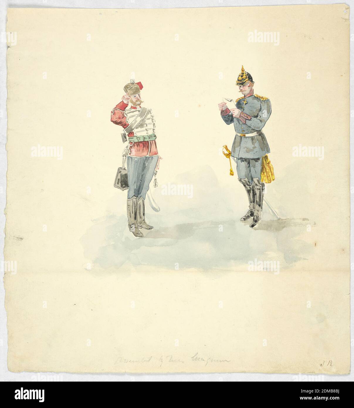 Kostüme eines deutschen Roten Husaren und eines Offiziers der deutschen Infanterie, Graphit, Pinsel und Aquarell auf Papier, der Husar steht grüssend links. Der Offizier ist rechts und liest eine Nachricht. Die Uniformen scheinen nicht korrekt gerendert zu sein., Frankreich, ca. 1880, Zeichnung Stockfoto