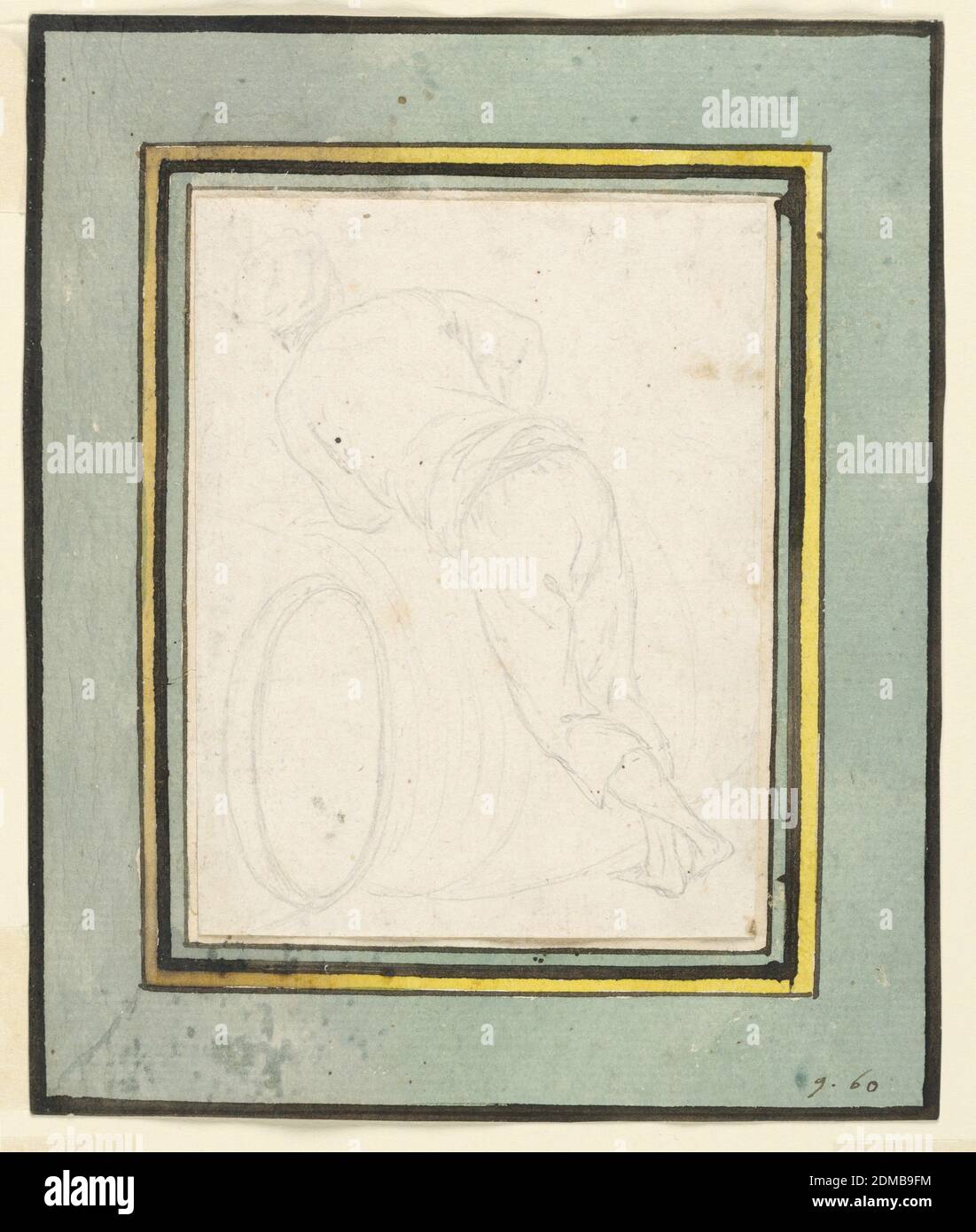 Gelehnter Mann, Luigi Vanvitelli, italienisch, 1700 – 1773, Schwarze Kreide auf Papier, EIN Mann von hinten gesehen, links auf ein Fass gelehnt., Italien, 1700–1773, Figuren, Zeichnung Stockfoto