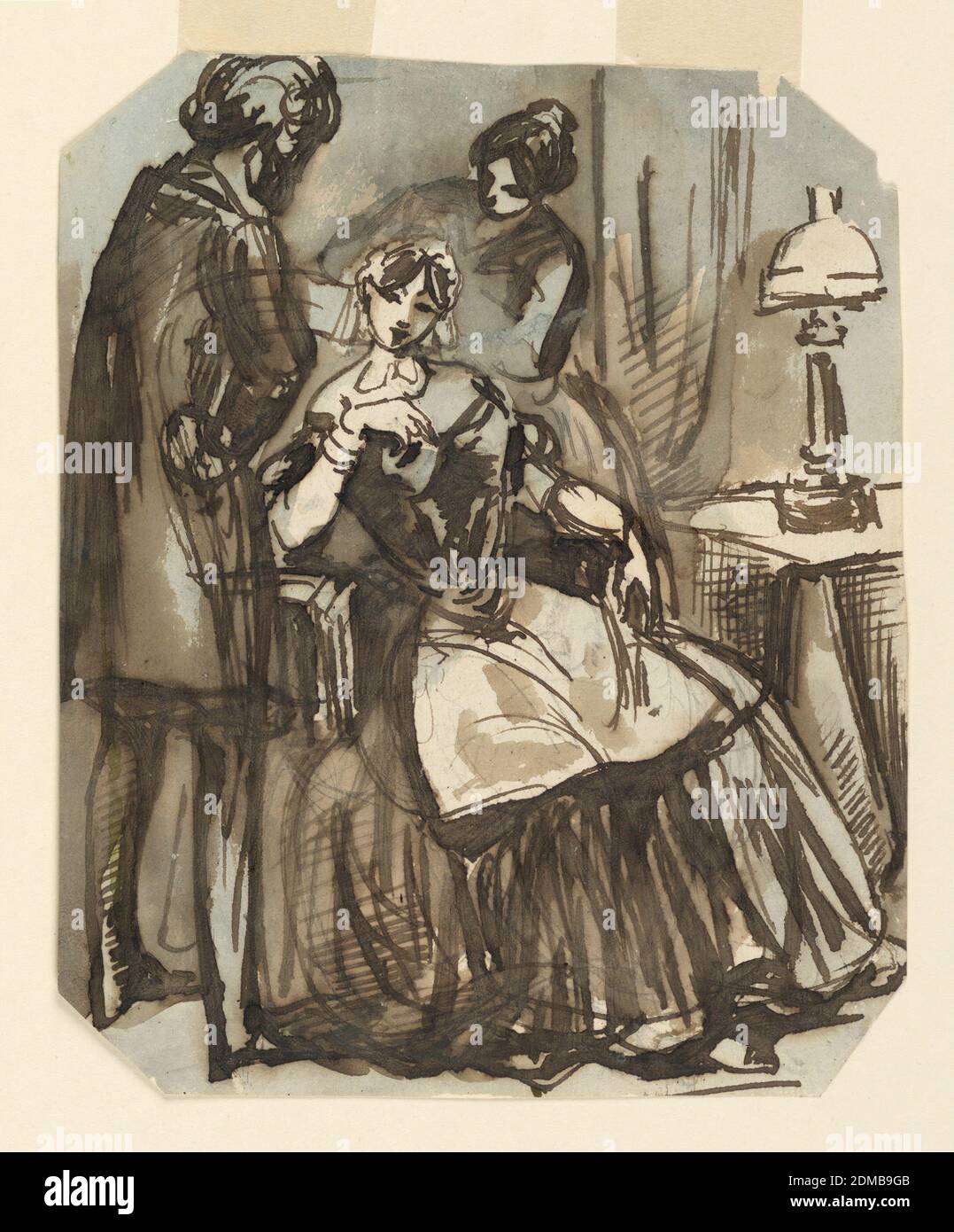 Finishing the Toilet, Constantin Guys, Französisch, 1802 – 1892, Stift und braune Tinte, Pinsel und blau und braun waschen auf Papier, Vertikal Rechteck, abgeschrägte Ecken. Eine Dame sitzt in einem Stuhl neben einem Tisch, auf dem eine beleuchtete Lampe ist. Sie trägt einen vollen Rock, eine Schürze und eine Mütze auf ihrem Kopf. Links ist ein männlicher Friseur in einem Kittel und rechts hinter ihr eine Magd, die beide ihre Haare arrangiert., Frankreich, ca. 1858, Figuren, Zeichnung Stockfoto