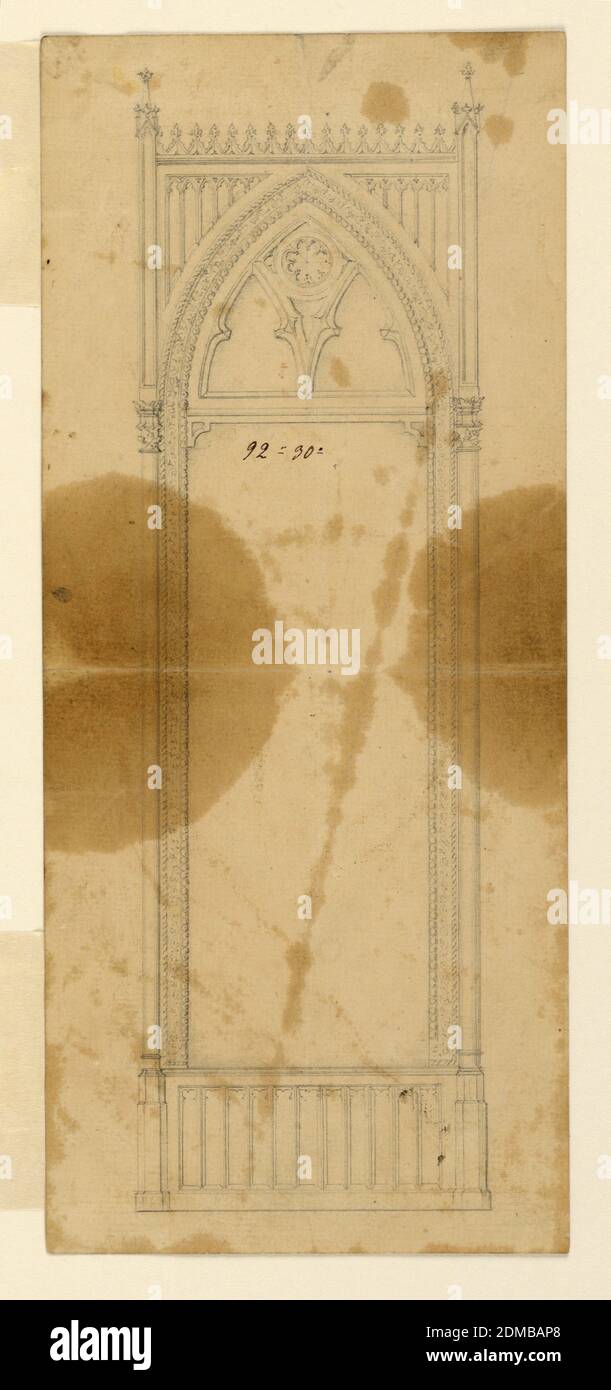 Die Erhebung eines stehenden aussehenden Glases im gotischen Stil, Graphit auf Papier, EINE getäfelte Basis ist unten. Ein Bogen erhebt sich darauf mit dem länglichen Spiegel und Tracery auf der Oberseite. Eingelassene Säulen und Pilaster bilden die äußere Rahmung. Ein Gesims mit einem Kamm-Rand verbindet die Pilaster über dem Punkt des Bogens. Tracery füllt die Keile. Rückseite: Plotter eines Plans: Zahlen., Deutschland, ca. 1855, Zeichnung Stockfoto