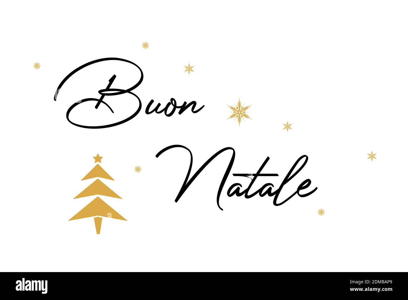 Ein 'Buon Natale' italienischer Text auf weißem Hintergrund mit schneeflocke und Baum Illustrationen - Übersetzung 'Merry Christmas' Stockfoto