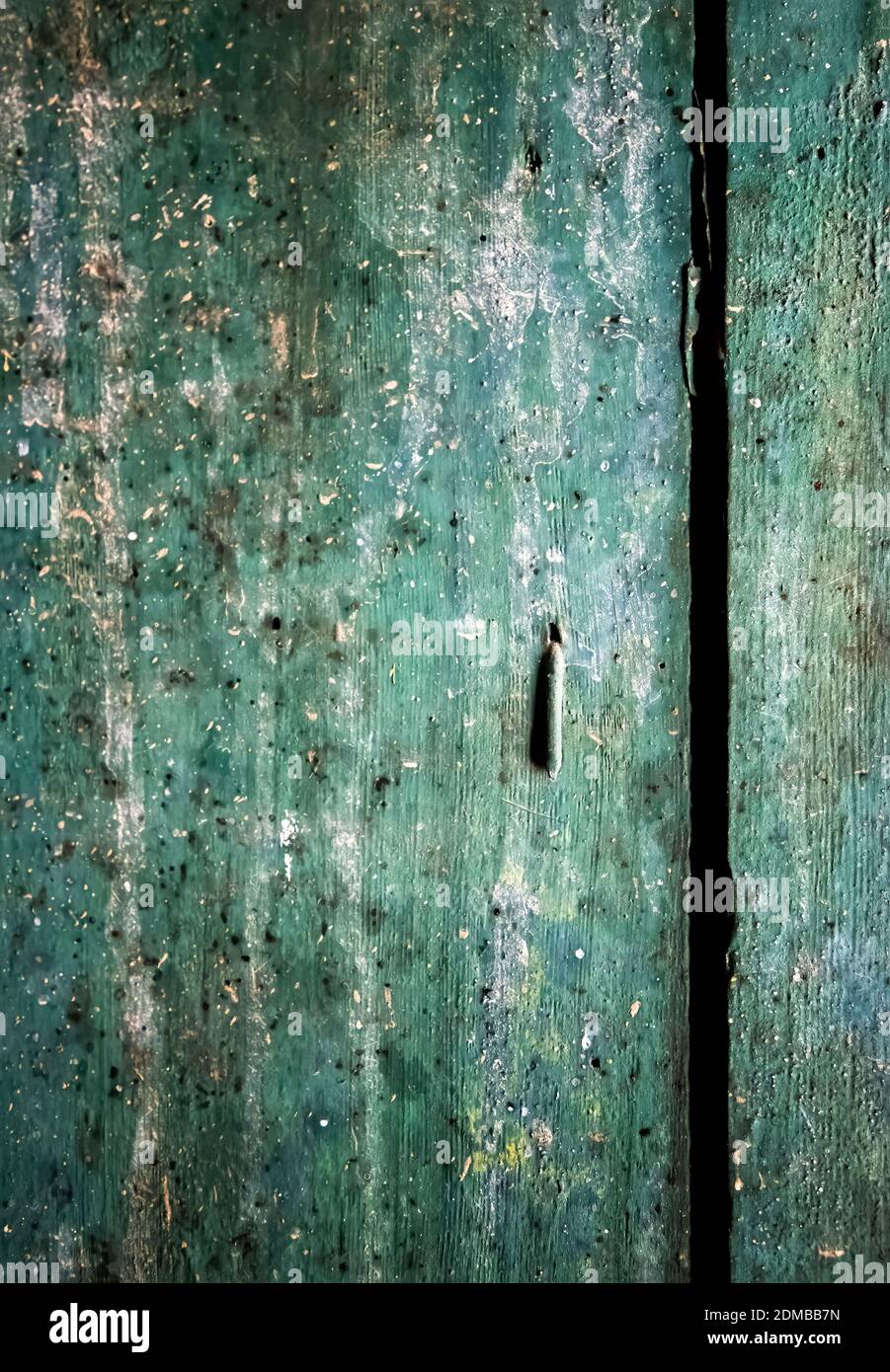 Einzelner Nagel gefaltet auf einem grünen alten lackierten Holzschrank mit abblätternder Farbe und Anzeichen sehr hohen Alters bedeckt. Textur in einem Stück alte Geschichte für Stockfoto