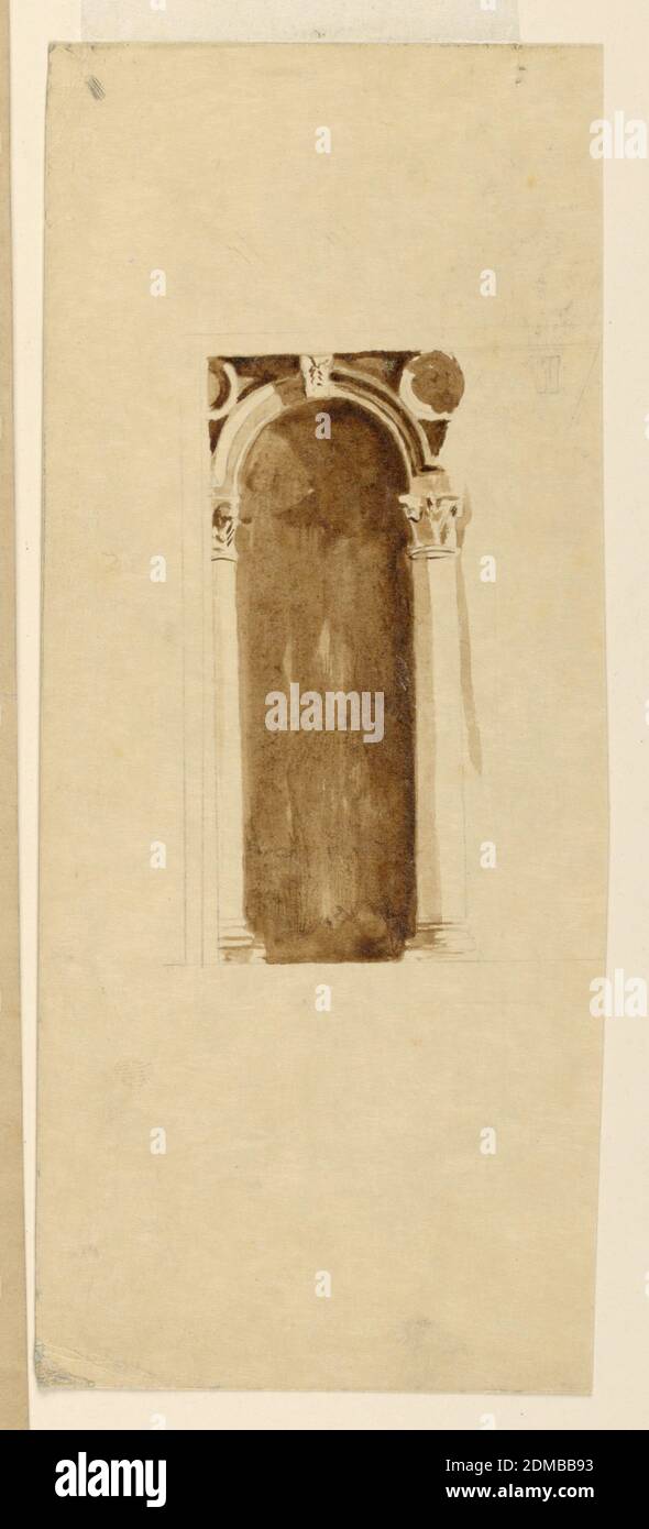 Design for a Window Opening, John La Farge, American, 1835–1910, Graphit und braunes Aquarell auf Papier, EINE einzelne Bogenöffnung, mit Rundungen in den Spandrels und klassischen Kapitolen, nach der Architektur der Libreria Vecchia, in Venedig, von J. Sansovino., USA, 1890–1900, Architektur, Innenräume, Zeichnung Stockfoto