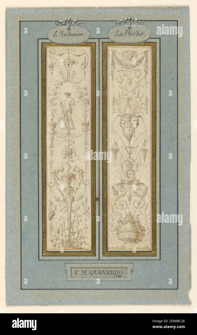 Design für Arabesque Panel, Pen und Tinte mit Sepia waschen, in der Mitte, eine Vase mit Griffen aus Schlangen, aus denen Wasser fällt in Urnen und Netze. Unten, das Heck einer Kombüse. Oben Fischnetze als Swag., Frankreich, 1788, Zeichnung Stockfoto