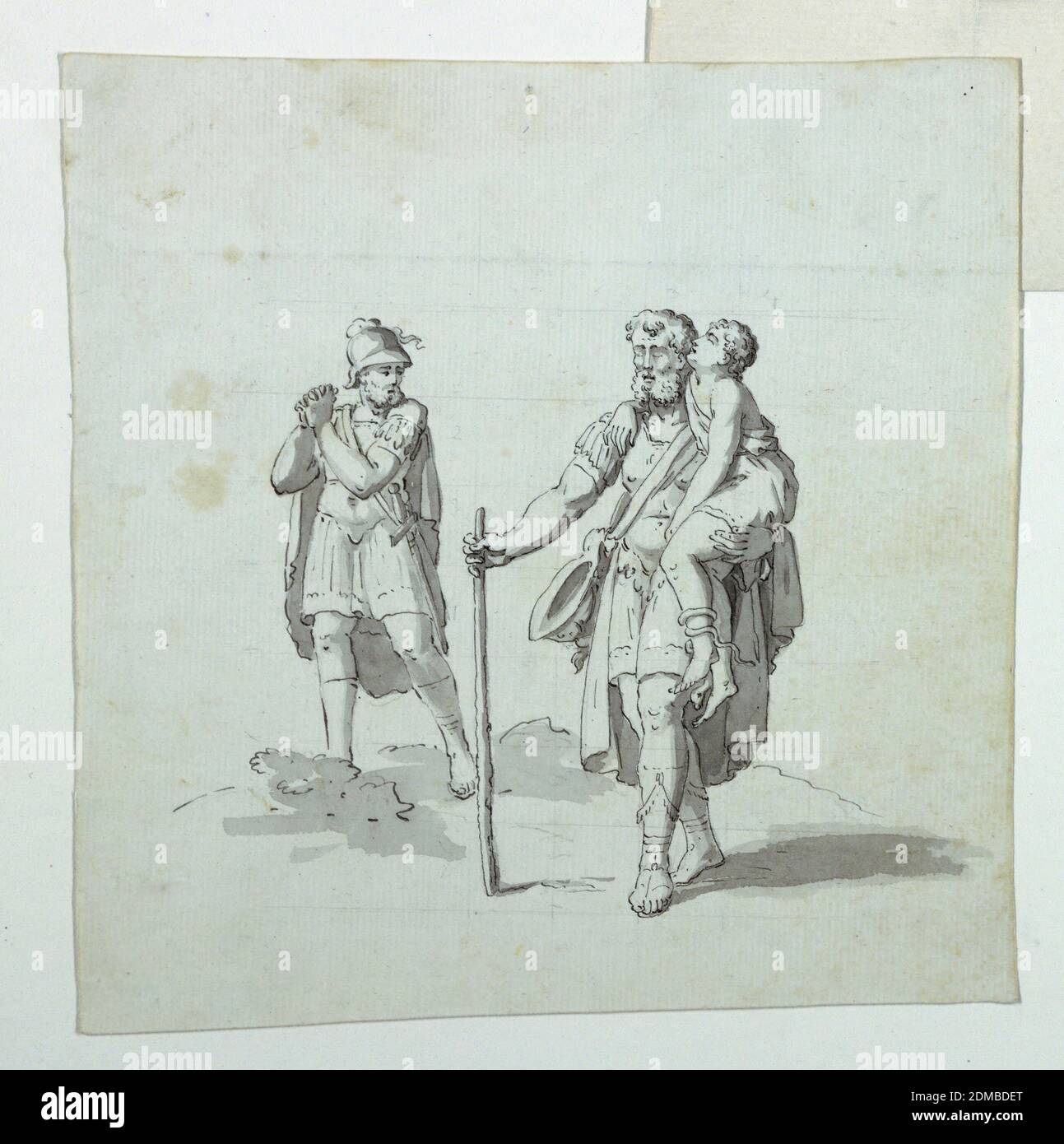 Skizze für eine ungenutzte Szene für einen Cartoon für Baumwolldruck: La Vie de Bélisaire, B. M. Lebert, 1759–1836, Stift und Tinte mit grauer Papierwäsche, Skizze für eine Insel für einen Zeichentrickfilm für Baumwolldruck, der einen blinden Soldaten zeigt, einen Stab in der Hand hält und einen Jungen auf dem linken Arm hält, während ein anderer Soldat in der Nähe Angst ausdrückt. (Wahrscheinlich eine ungenutzte Insel für ein Belisarius-Subjekt; Insel zeigt den blinden Belisarius, der von einem seiner Soldaten erkannt wird.), Frankreich, ca. 1820, Zeichnung Stockfoto