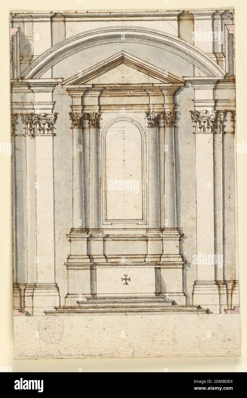 Altaraufhebung, Feder, braune Tinte und Graphit mit braunem, grauem und rosafarbenem Waschmittel auf weißem Papier. Vertikale Komposition mit Altaraufhebung. Der Altar hat zwei Paare von eingebetteten korinthischen Säulen, jedes mit einem dreieckigen Giebel und Bilderrahmen. Der Altar wird von zwei Pilastern und einem Bogen umrahmt., Rom, Italien, 1700–1730, Architektur, Zeichnung Stockfoto