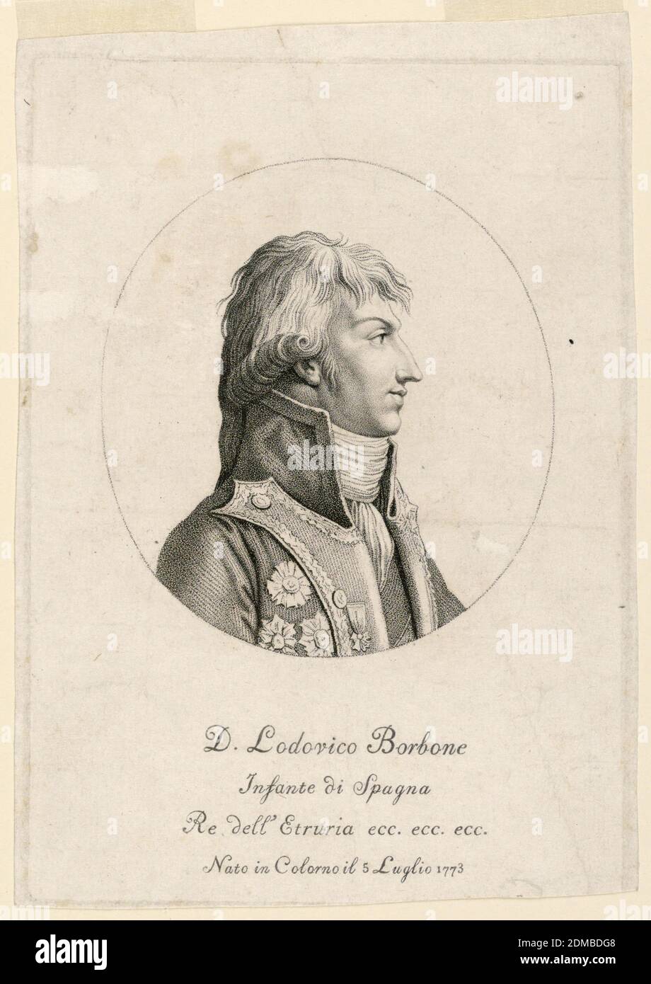 Porträt von Louis Bourbon, Kleinkinder von Spanien (1773- ), Gravur auf Papier, Vust-length Portrait in Seitenansicht nach rechts. Der junge Mann trägt einen hohen Kragen Mantel mit mehreren Aufträgen., Italien, ca. 1805, Drucken Stockfoto