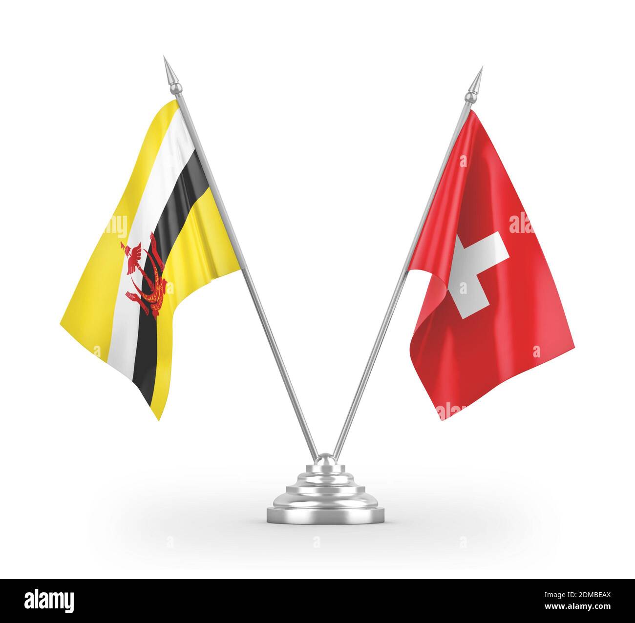 Schweiz und Brunei zwei Tischflaggen isoliert auf weißem 3D Rendering Stockfoto
