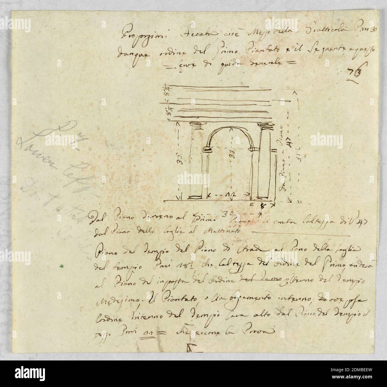 Messungen einer Erhebung, Giuseppe Barberi, italienisch, 1746–1809, Feder und braune Tinte, rote Tinte auf gebläutem, weiß gedeckten Papier, Maße einer Erhebung., Italien, 1746–1809, Architektur, Zeichnung Stockfoto