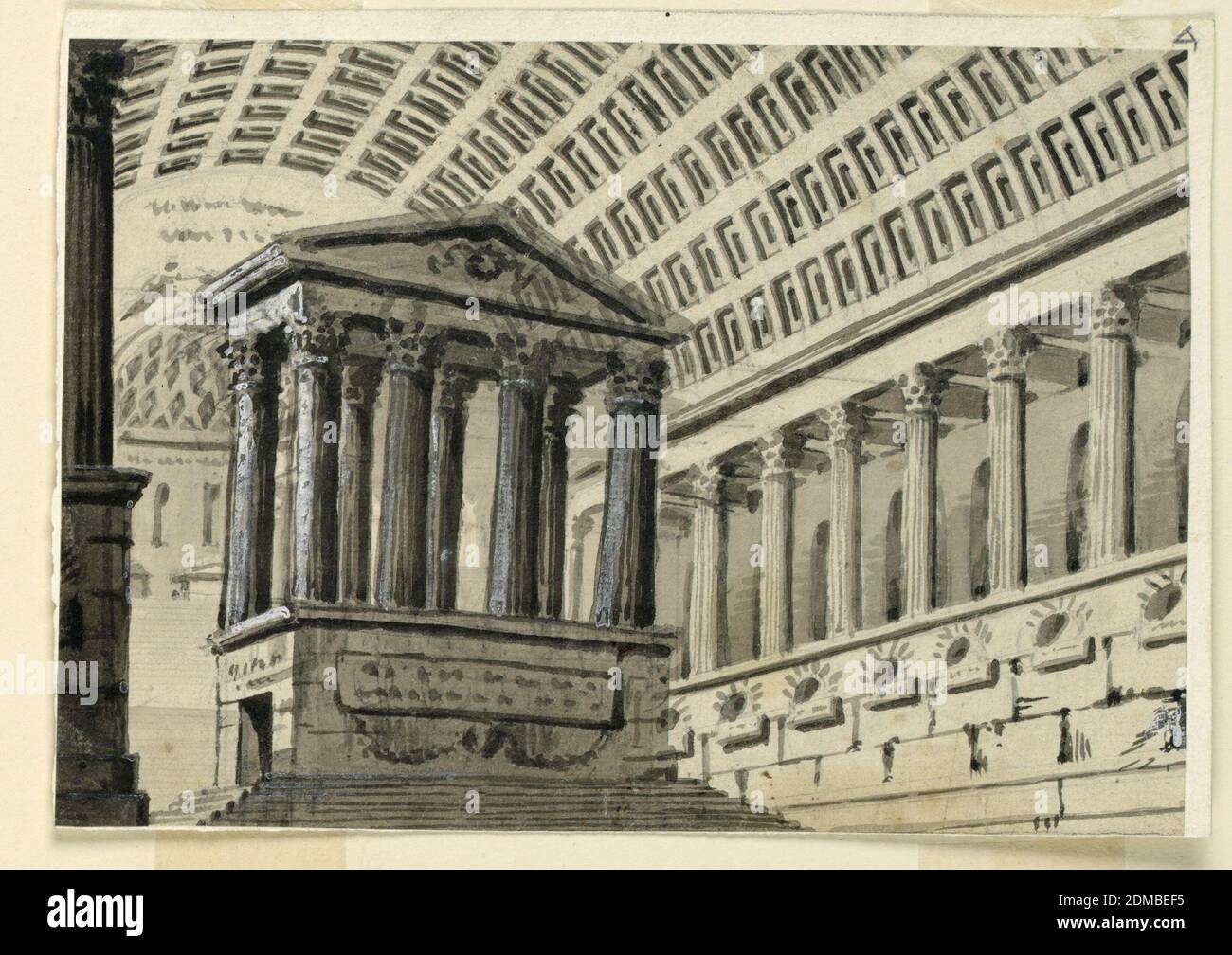 Bühnenbild, Innenraum eines Sepulchral-Saals, Angelo Toselli, ca. 1765? – 1826, Pinsel und grau, schwarz und weiß waschen, Graphit auf Papier, Horizontal Rechteck. Das Innere des riesigen Saales mit Sarkophagen, verziert mit einem Kassettengewölbe, in Richtung der Apsis gesehen, zu der Stufen führen. Die Halle hat ein Seitenschiff auf einer hohen Struktur und vom Hauptschiff durch Säulen getrennt. Im Hauptschiff steht ein Mausoleum., Bologna, Italien, 1815–30, Theater, Zeichnung Stockfoto