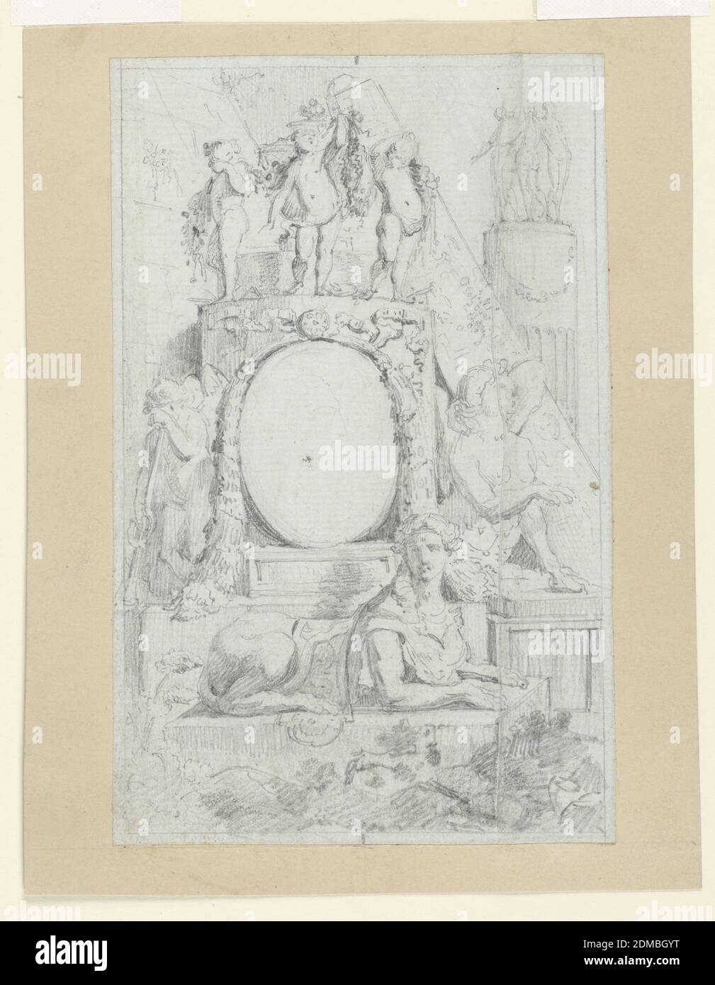 Design für Medaillon Portrait von Mauro Tesi, umgeben von architektonischen Ornamenten, Frontispiz zur 'Raccolta Di Disegni Originali Di Mauro Tesi...', Graf Cesare Massimiliano Gini, italienisch, 1739 - 1821, Graphit und schwarze Kreide auf blaugrauem Büttenpapier, auf braunem Kraftpapier abgelegt, Italien, Italien, 1787, Ephemera, Zeichnung Stockfoto