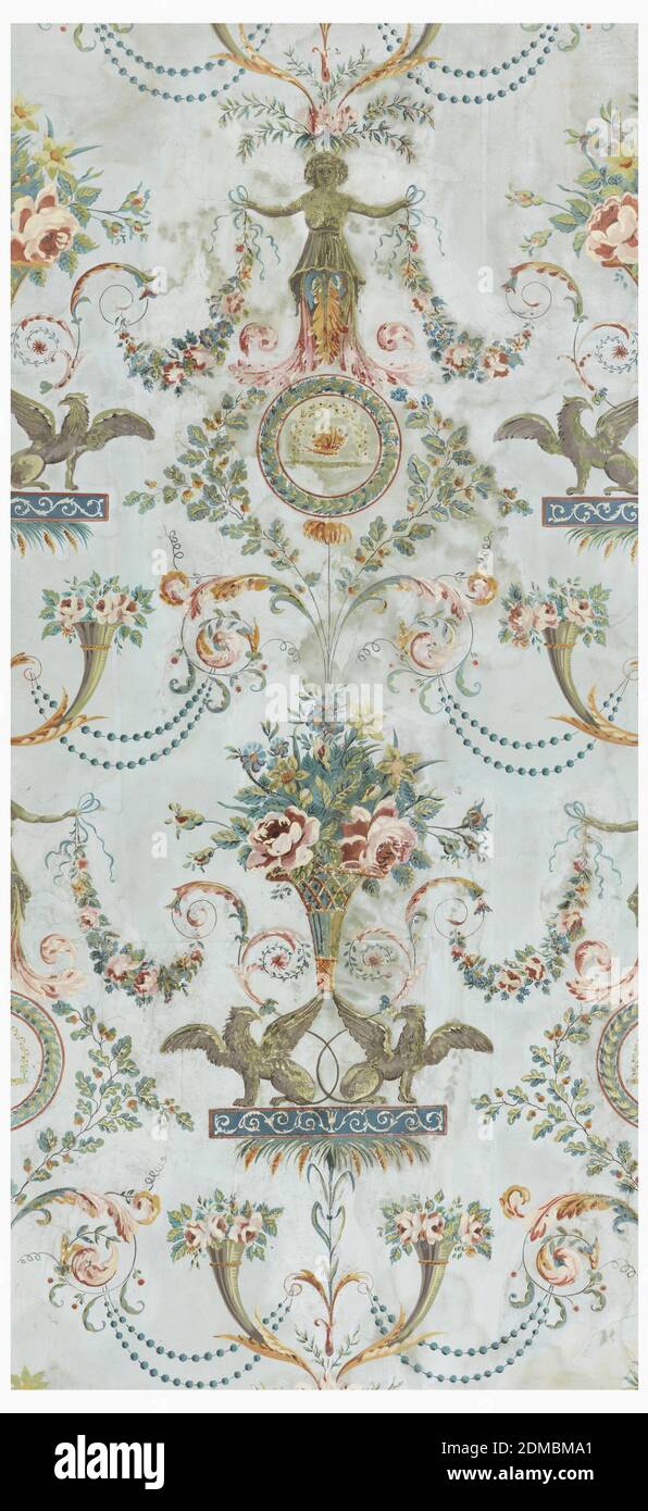 Seitenwand, Block gedruckt auf handgefertigtem Papier, Vertikales Rechteck mit Arabesken oder Grotesken Design. Gedruckt auf verbundenen Papierbögen. Wechselnde Motive: Zwei aufgemotzte Greifen, die einen Blumenkorb halten; in Laub umhüllte weibliche Figuren, die auf einem kreisförmigen Medaillon ruhen, das einen Schmetterling umschließt; Füllhorn mit Blumen; Zweige, Schriftrollen und Perlen., Paris, Frankreich, ca. 1785, Wallcoverings, Sidewall Stockfoto