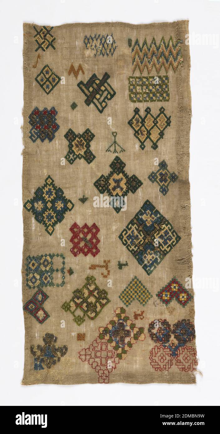 Sampler, Medium: Seide und Metallic Garn Stickerei, Leinen Fundament Technik: Stickerei, Random Spot Sampler, freistehende Motive bestickt mit farbigen Seiden und Metallic Faden in Verflechtung und geometrischen Designs., England, 17. Jahrhundert, Stickerei & Stitching, Sampler Stockfoto