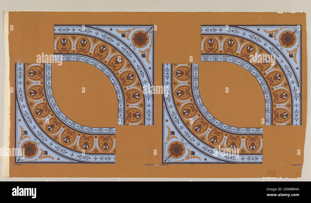Deckenrand, maschinenbedrucktes Papier, Viertel Abschnitte eines Deckenmotivs, bilden abgeflachte Kreis von Lotus-Grenze, und konventionalisierte Blume in den Ecken. Gedruckt in blau und drei Braun auf Ocker. 'A' mit zwei Paaren von Facing Sections; 'b' mit einem Paar., USA, 1880–1900, Wandverkleidungen, Deckenrand Stockfoto