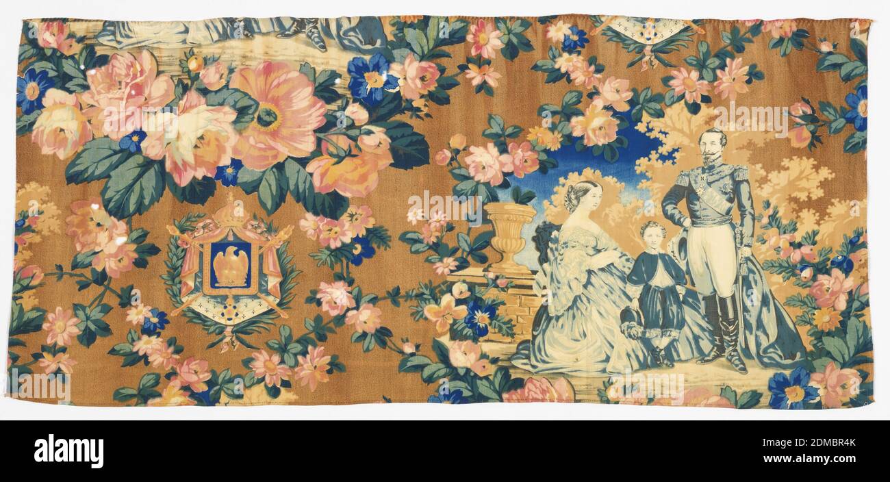 Textil, Medium: Baumwolltechnik: Bedruckt mit gravierter Walze und Block auf Leinwandbindung, Oblong-Fragment, wahrscheinlich für eine Volance, einer grob bedruckten Baumwolle in kräftigen Farben, jetzt verblasst. Die Gestaltung zeigt Kaiserin Eugenie, Napoleon III. Und den Fürsten Imperial rechts mit dem Wappen Napoleons III. Links. Beide sind umrahmt mit Blumenkränzen etc., Frankreich, 1853–71, bedruckte, gefärbte & bemalte Textilien, Textil Stockfoto