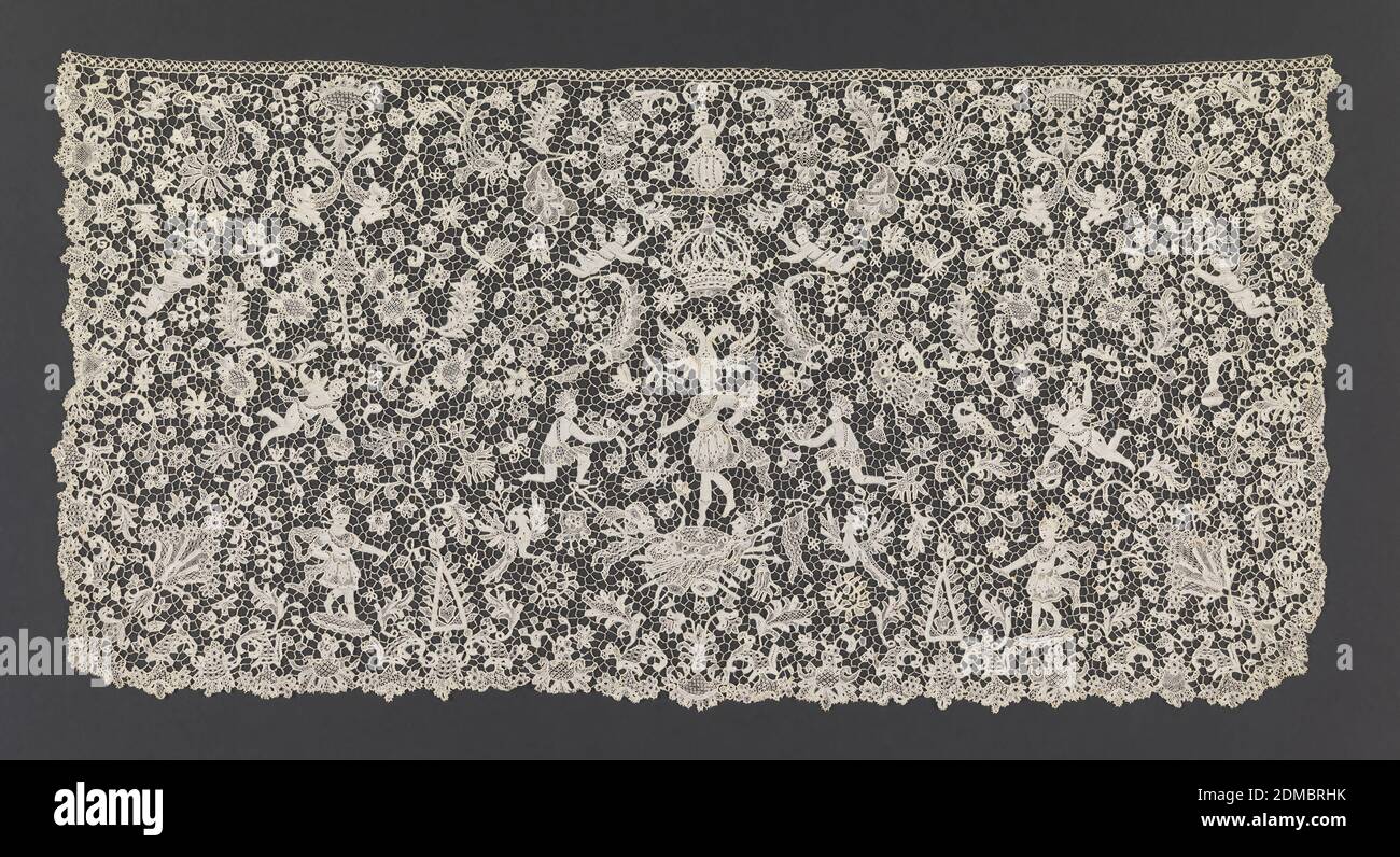 Cravat End, Medium: Leinen Technik: Nadelspitze, 6-seitig überarbeiteter Boden Label: Leinennadel Spitze, Nadelspitze Cravat End mit einem zarten all-over floralen Design und Figuren, darunter eine Figur als Krieger gekleidet, trägt einen Helm in Form eines doppelköpfigen Adlers, stehend auf einem trophée von knienden Kriegern flankiert; Die Szene überragt von einer königlichen Krone und umgeben von Delphinen, geflügelten Putti, Kriegerfiguren und blättrigen Sprays., Frankreich, ca. 1695, Spitze, Cravat Ende Stockfoto