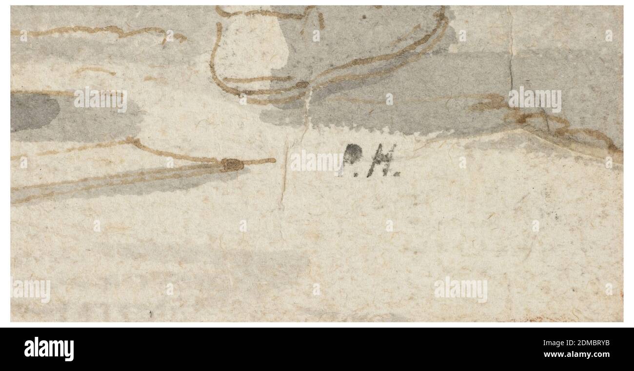 Zwei Männer Sägen einen Plank, Stift und braun-schwarze Tinte, Pinsel und graue Wäsche auf Papier, zwei Männer sind in der Tat der Sägen durch eine Planke mit einer großen Tischlersäge. Auf dem Boden, andere Werkzeuge., Italien, 1750–70, Figuren, Zeichnung Stockfoto