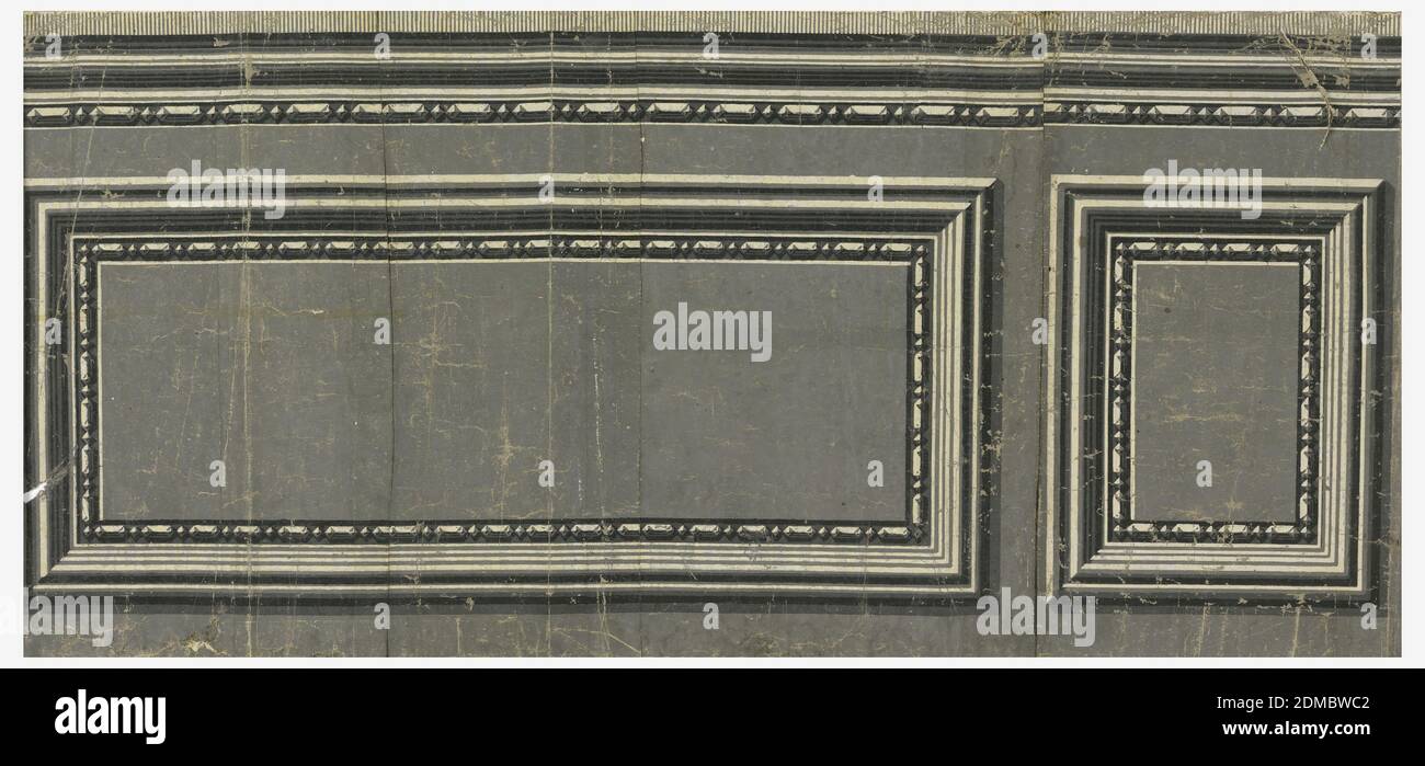 Dado, Blockdruck auf handgefertigtem Papier, Inset Panel Dado gedruckt in Grisaille: Perlenmotiv auf der Innenseite der Zierleiste., H# 314 ?, Frankreich, 1790, Wandbeläge, Dado Stockfoto