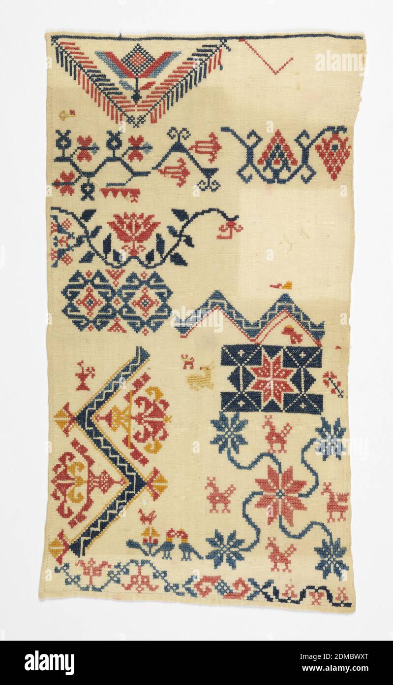 Sampler, Medium: Seidenstickerei auf Leinen Fundamenttechnik: Gestickt in gezählten Stichen auf Leinwandbindung, geometrische florale Muster in rosa und blau, die in den frühesten Musterbüchern des 16. Jahrhunderts erscheinen, Mexiko, 19. Jahrhundert, Stickereien & Nähte, Sampler Stockfoto