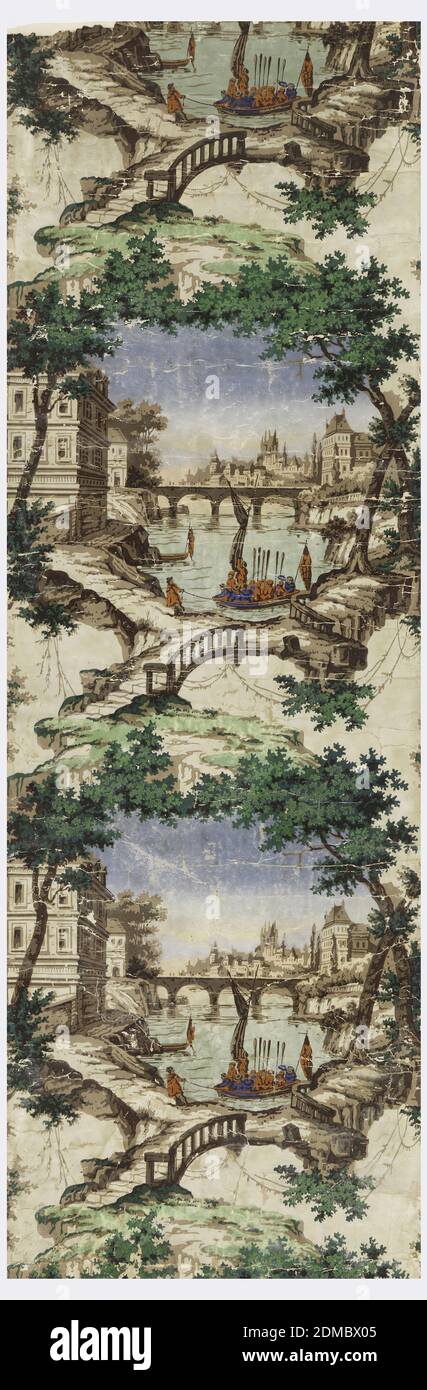 Seitenwand, Blockdruck auf maschinengemachtes Papier, Vignetten von Flussufer mit Brücke und Gebäuden., Frankreich, ca. 1840, Wallcoverings, Sidewall Stockfoto
