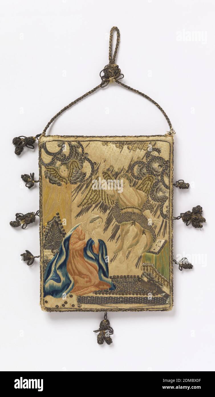 Scapular, Medium: Seide, metallische Schnur und Quasten, farbige Glastechnik: Stickerei, EIN Scapular mit Stickerei verziert. Auf der einen Seite die Verkündigung und auf der anderen ein kleines Medaillon mit einer weiblichen heiligen umgeben von Bischöfen. Metallische Kordel und Quasten. Farbige Glasperlen., Italien, 18. Jahrhundert, Kostüm & Accessoires, Scapular Stockfoto