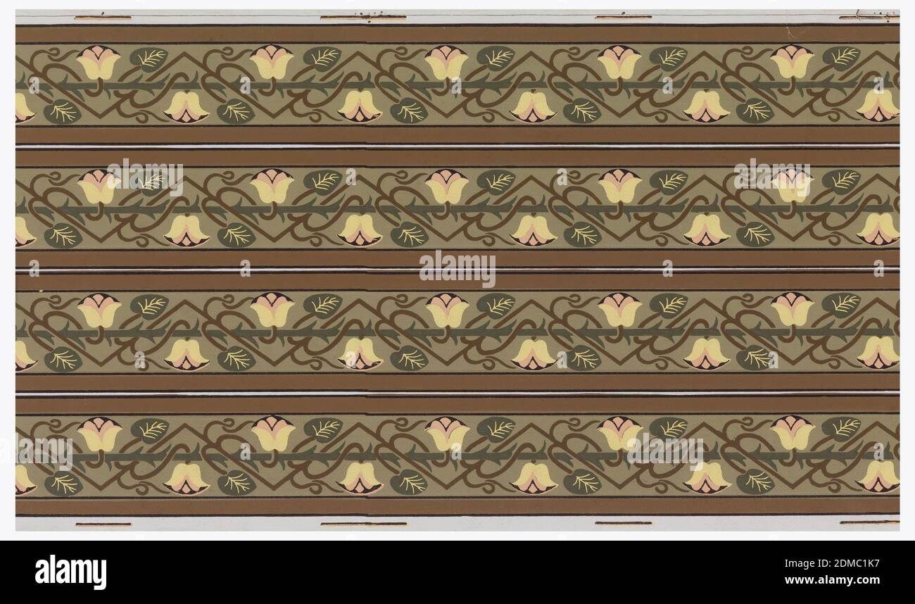 Bordüre, Blockdruck, Tapetenrolle., vierquer bedruckt, stilisierte Tulpen auf Zick-Zack-Stielen, um dornigen Stab gewickelt., USA, 1875–1906, Wallcoverings, Bordüre Stockfoto