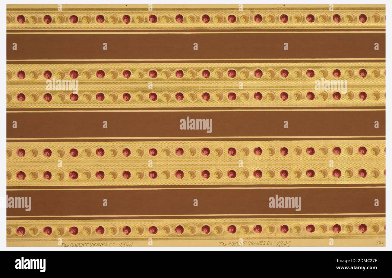 Seitenwand, Blockdruck, Tapetenrolle, parallele Linien aus Gold mit einer Reihe kleiner marmorähnlicher Objekte. Marmorfarben wechseln zwischen Rot und Gelb., USA, 1875–1906, Wandverkleidungen, Sidewall Stockfoto