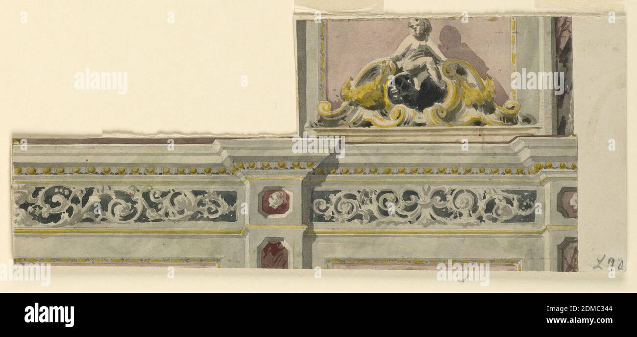 Entwurf für eine gemalte Tür, Giacomo Casa, italienisch, 1835 – 1887, Bleistift, Pinsel, verschiedene Farben, Gold, Karton, Horizontales Rechteck. Ein Kind, das in einem zerbrochenen Giebel sitzt. Montiert mit -6954., 1850–75, Zeichnung Stockfoto