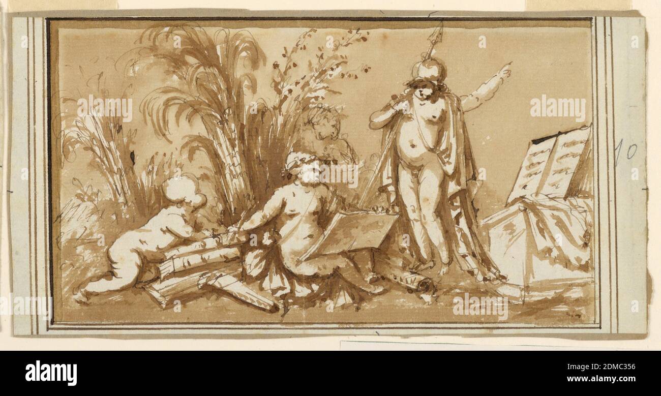 Design for a Fries with the Allegory of Literature, Piat Joseph Sauvage, French, 1744 - 1818, Stift und Tinte, Pinsel und Sepia waschen auf Papier, EIN Putto trägt einen Helm und schultert eine Lanze spricht zu einem anderen, der, gekrönt mit einem Kranz, schriftlich innehält. Zwei weitere Putti sind vorhanden., Niederlande, 1785-1790, Zeichnung Stockfoto