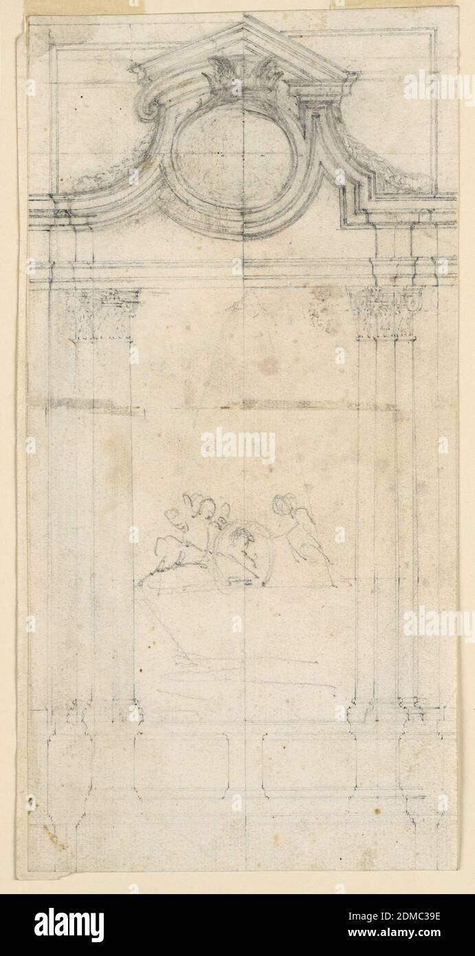 Entwurf eines Grabdenkmals für einen Kreuzgang, Carlo Marchionni, italienisch, 1702–1786, Graphit auf Büttenpapier, RAHMEN in architektonischen Formen, mit alternativen Vorschlägen. Drei eingebettete Säulen auf hohen Sockeln stützen einen Giebel, in dessen Mitte ein Kreis oder ein Oval mit einer Krone oben als Platz für das Wappen vorgesehen ist. Über einem Sockel, der die Sockel verbindet, ist ein Sarkophag, auf dem zwei Putti ein Medaillon mit einem Porträt stützen., Italien, ca. 1745, Ornament, Zeichnung Stockfoto