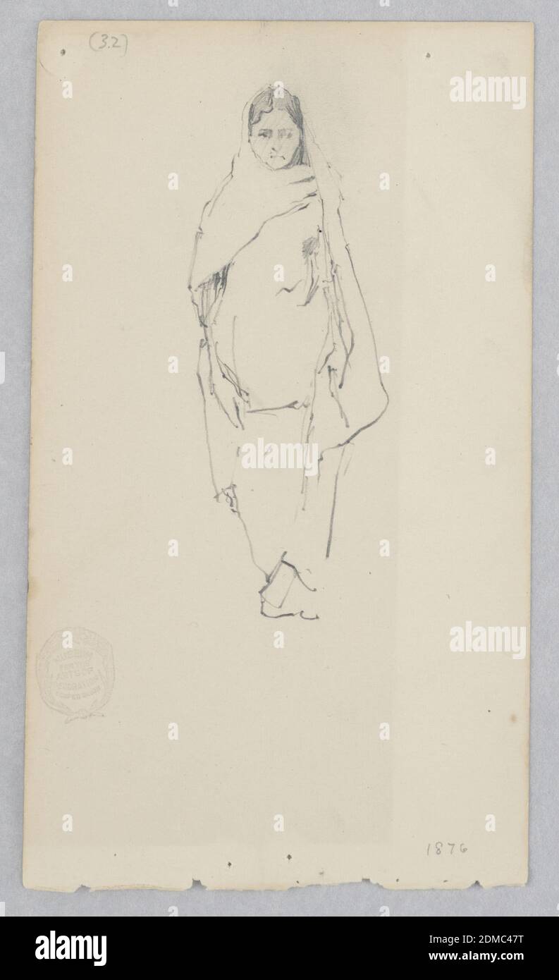 Woman, Robert Frederick Blum, American, 1857–1903, Graphite auf gewebtem Papier, Frauenfigur in Stoff drapiert mit überdecktem Kopf., USA, 1876, Kostüm & Accessoires, Zeichnung Stockfoto
