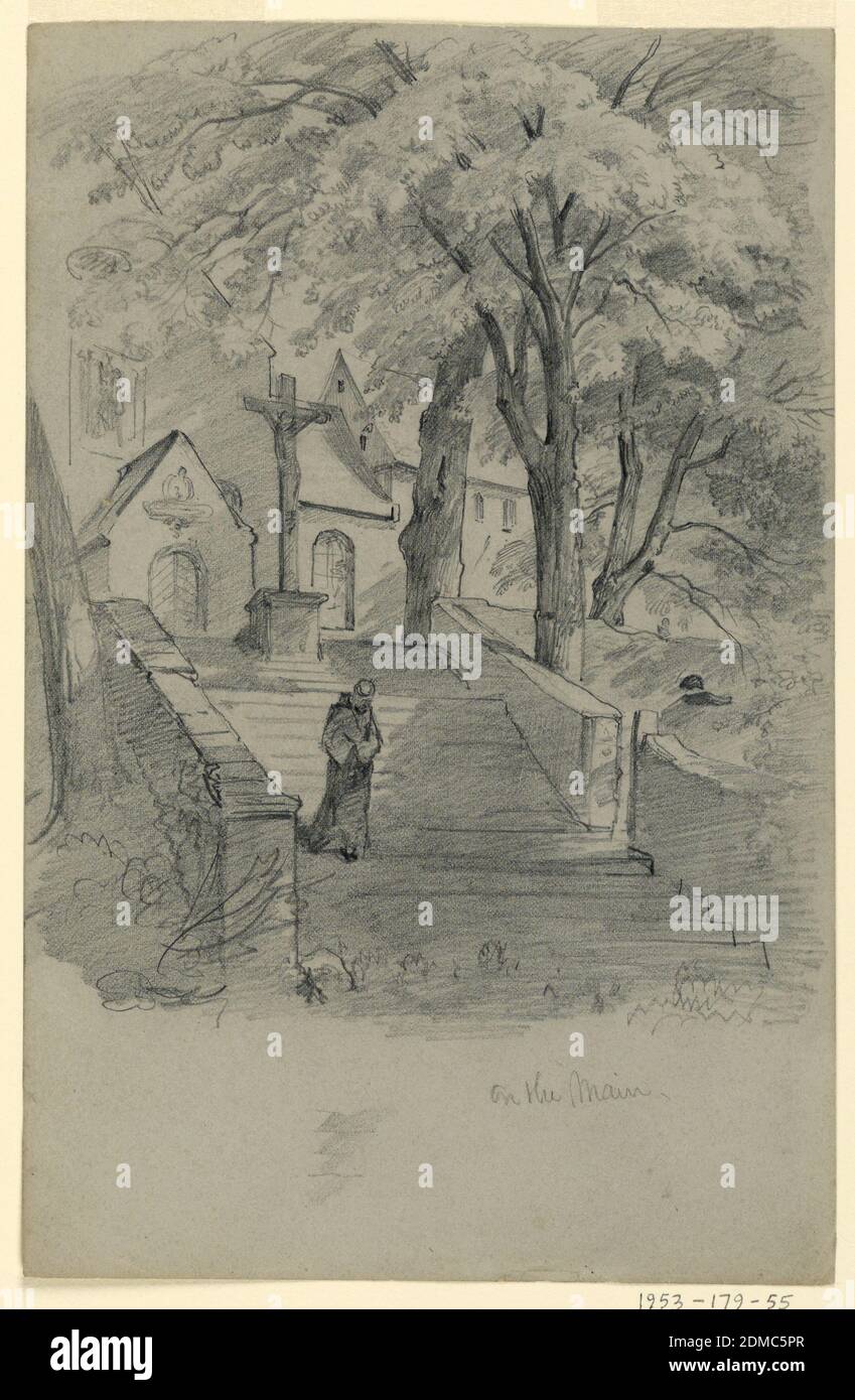 Kirche, Deutschland, William Trost Richards, Amerikaner, 1833–1905, Graphit auf Papier, Skizze eines Mönchs, der eine Treppe mit einer Kirche im Hintergrund hinuntergeht., Deutschland, 1867, Architektur, Zeichnung Stockfoto