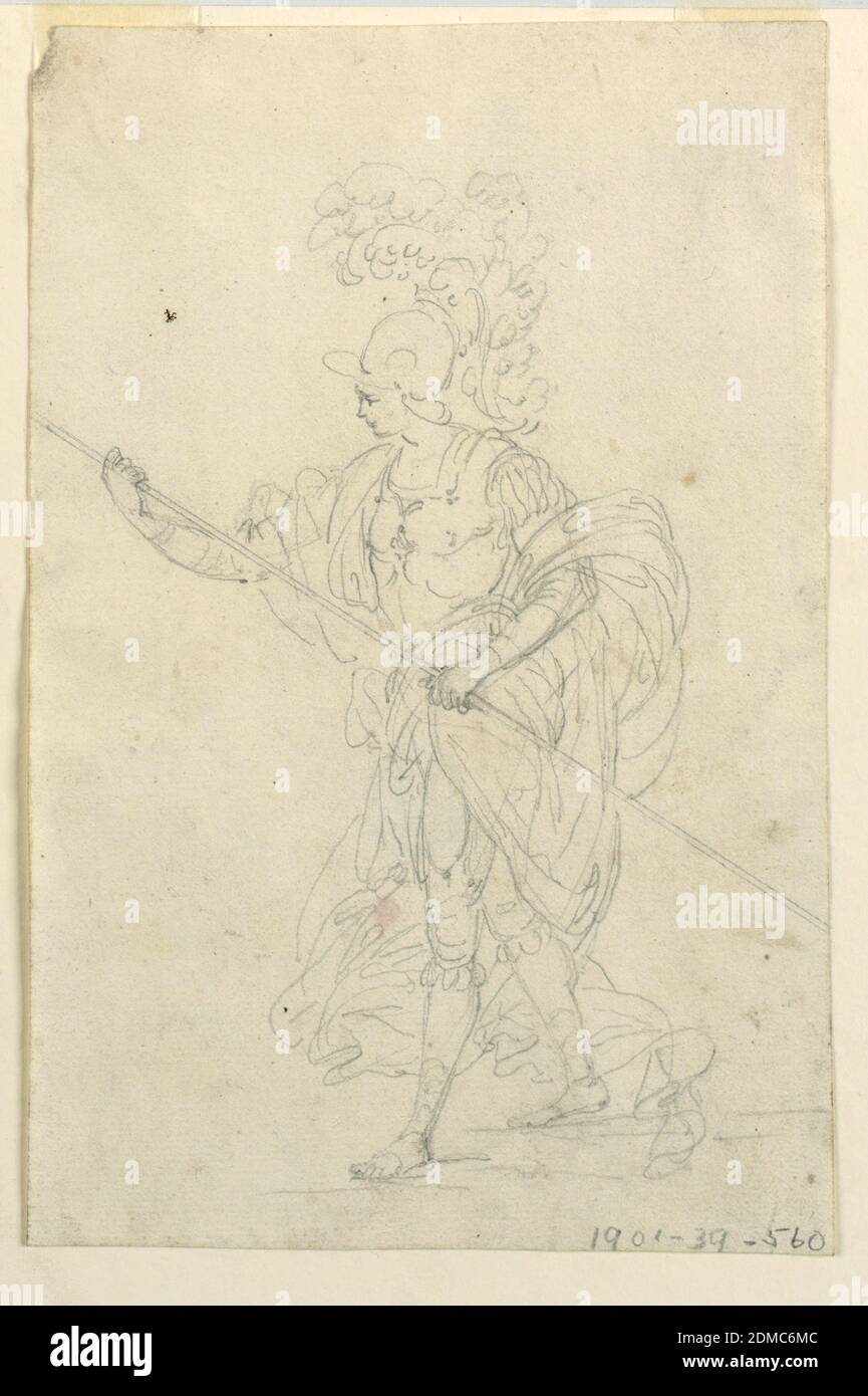 Projekt für ein Theaterkostüm eines Klassischen Kriegers, schwarzer Buntstift auf Papier, EIN Krieger in voller Rüstung und ein wabender Mantel, obwohl barfuß, geht nach links, trägt einen Speer., Italien, 1700–1750, Figuren, Zeichnung Stockfoto