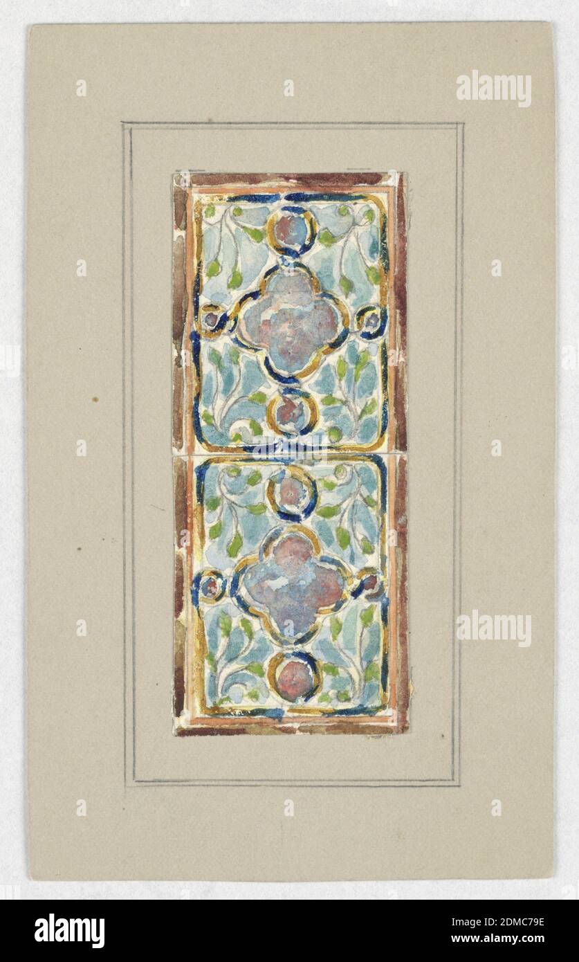 Design für Glasmalerei, Alice Cordelia Morse, amerikanisch, 1863–1961, Pinsel und Gouache, Graphit auf Papier auf hellbrauner Illustrationskarton, zwei identische Designs, jeweils mit einem Quatrefoil in blau und rot auf einem Boden aus grünen Reben auf blau., USA, Ende des 19. Jahrhunderts, Architektur, Innenräume, Zeichnung Stockfoto