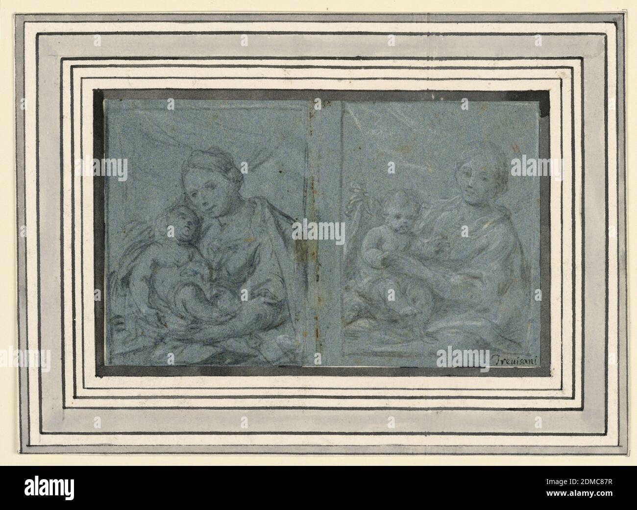Zwei Studien der Jungfrau mit Kind, Francesco Trevisani, italienisch, 1656 – 1746, Schwarzer Buntstift, weiße Erhöhung auf Papier, zwei Dreiviertelansichten der sitzenden Jungfrau, die das schlafende Kind im Schoß hält., Italien, 1700–1740, Figuren, Zeichnung Stockfoto