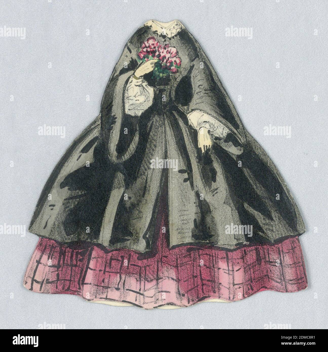 Papierpuppe Kostüm in Schwarz Überkarierter Rosa Rock, Lithograph, Pinsel und Aquarell auf cremeschwerem Wove-Papier, Dieses Ensemble besteht aus einer schwarzen Außenschicht mit weißem Spitzenkragen und Innenärmeln, über einem rosa karierten Vollrock. Sie hält einen Blumenstrauß in ihrer rechten Hand. Sowohl Vorder- als auch Rückseite des Outfits sind vertreten., USA, 1840–60, Toys & Games, Print Stockfoto