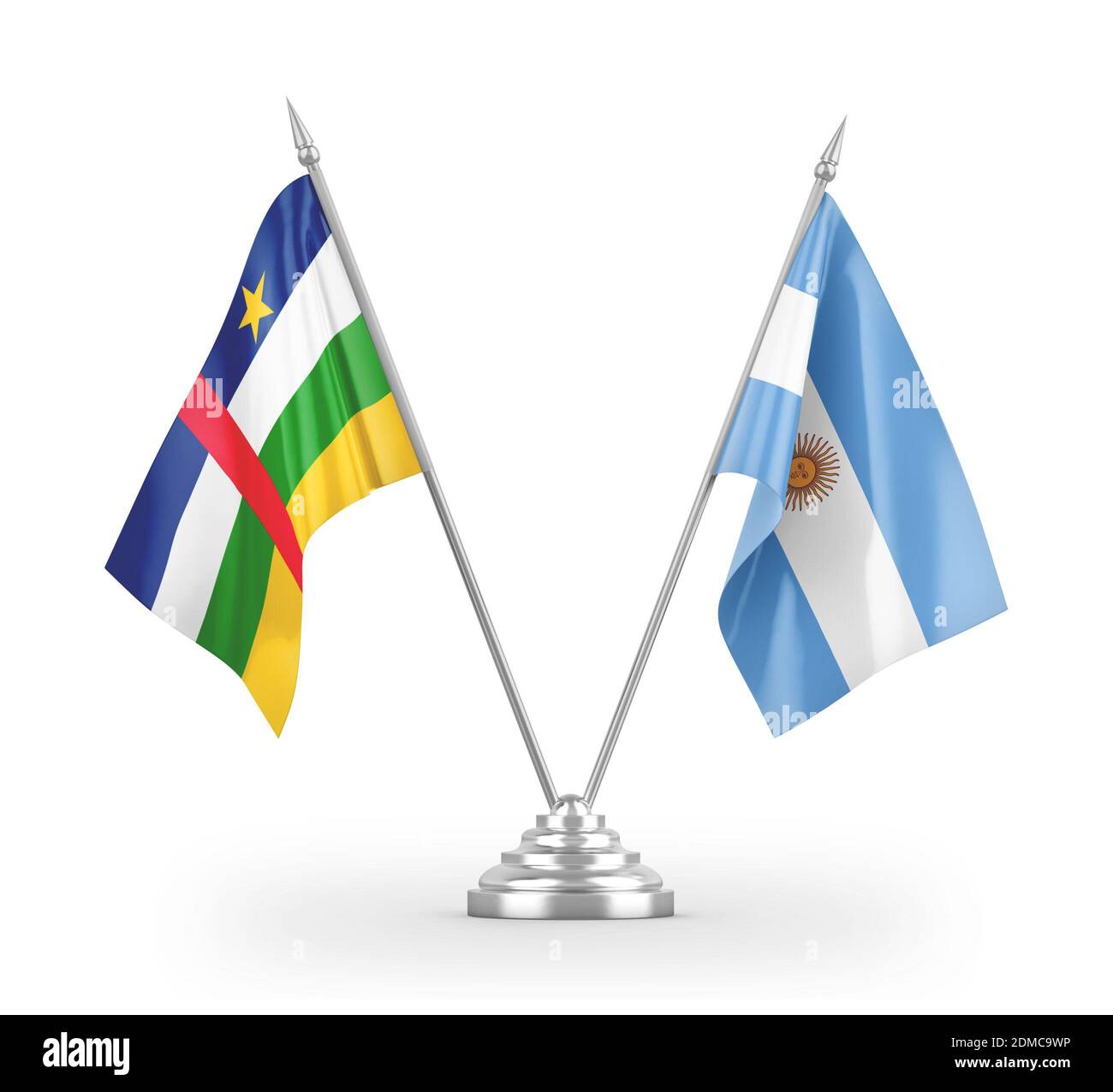 Argentinien und Zentralafrikanische Republik Tischflaggen isoliert auf weiß Stockfoto
