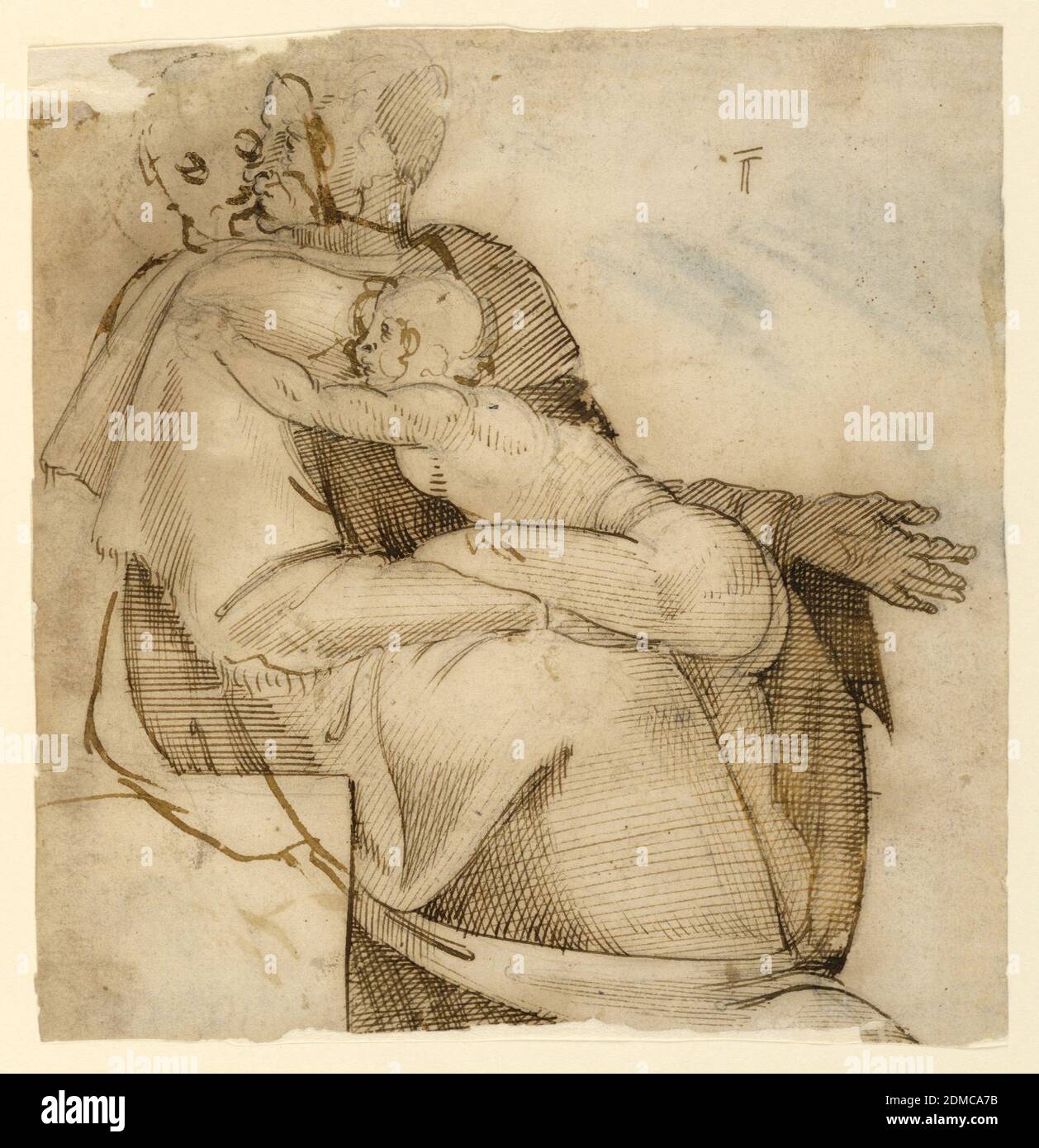 Figur mit Kind, Stift und schwarzer Tinte, Pinsel und braun-schwarzer Wäsche auf Papier, sitzende männliche Figur, Kopf nach rechts gedreht, hält ein Kind unheimlich am rechten Arm. Overlay waschen von Teilfiguren auch sichtbar., Italien, 1550, Figuren, Zeichnung Stockfoto