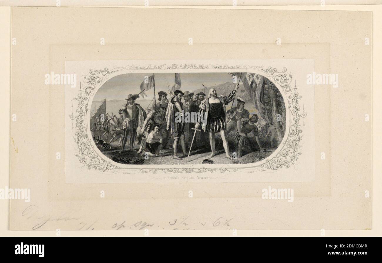 Landing of Columbus, American Bank Note Co., John Vanderlyn, Amerikaner, 1775–1852, Gravur in schwarzer Tinte auf Papier, niedergelegt, EINE Komposition mit abgerundeten Ecken. Kolumbus steht im Vordergrund, rechts von der Mitte, umgeben von seinen Männern. Er hält sein Schwert in seiner rechten Hand und hält ein Banner in seiner linken Hand hoch. Eingehautet in Blattrahmen, USA, ca. 1870, Numismatik, Banknote, Banknote Stockfoto