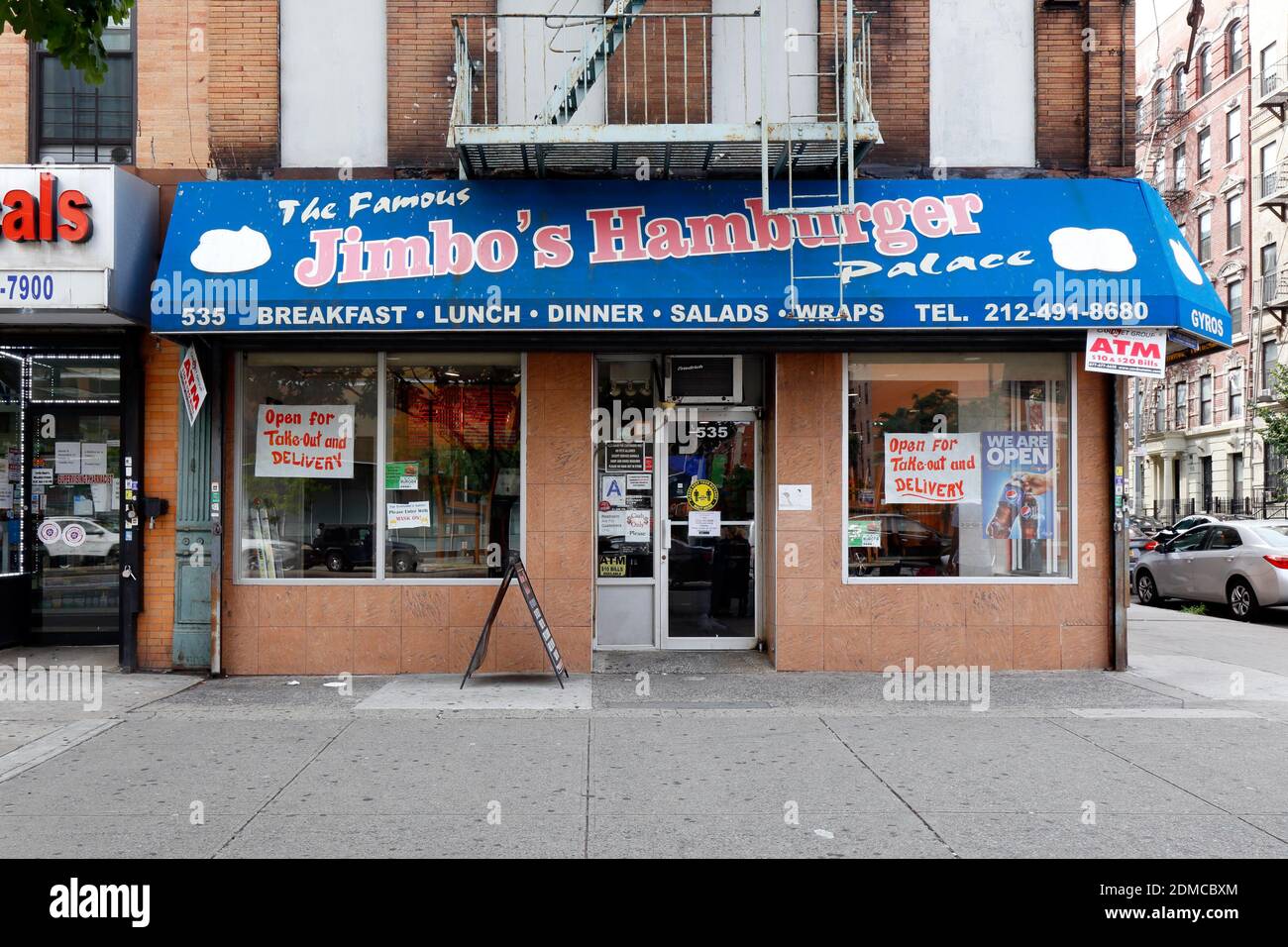 Jimbo's Hamburger Palace, 535 Malcolm X Blvd, New York, NYC Schaufenster Foto eines Hamburger Restaurants und Diner in Manhattans Stadtteil Harlem Stockfoto