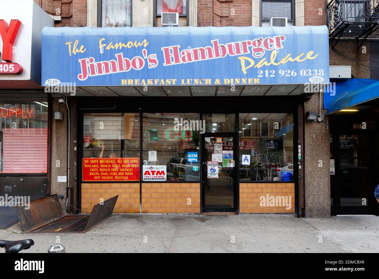 Jimbo's Hamburger Palace, 528 W 145. St, New York, NYC Foto von einem Hamburger-Restaurant und Diner in Manhattans Stadtteil Harlem Stockfoto